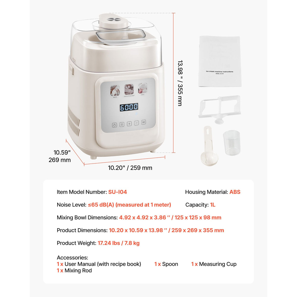 Upright Automatic Ice Cream Maker with Built-in Compressor, 1 Quart No Pre-freezing Gelato Maker & Frozen Yogurt Machine, 4 Modes Electric Sorbet-Maker, Compressor Ice Cream Machine for Home