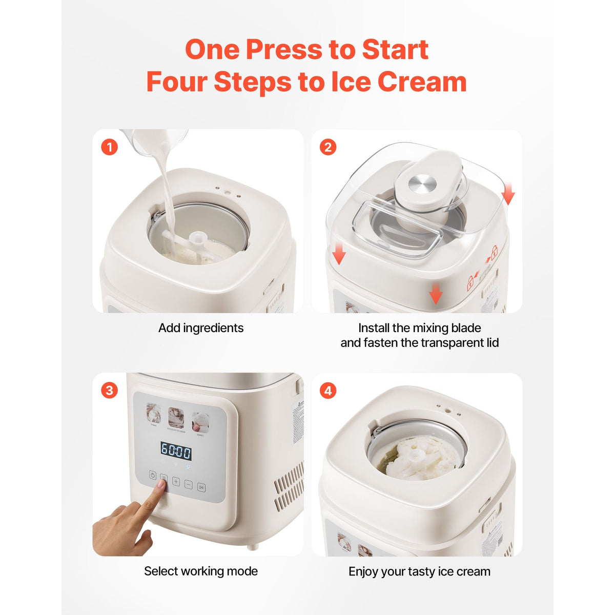 Upright Automatic Ice Cream Maker with Built-in Compressor, 1 Quart No Pre-freezing Gelato Maker & Frozen Yogurt Machine, 4 Modes Electric Sorbet-Maker, Compressor Ice Cream Machine for Home