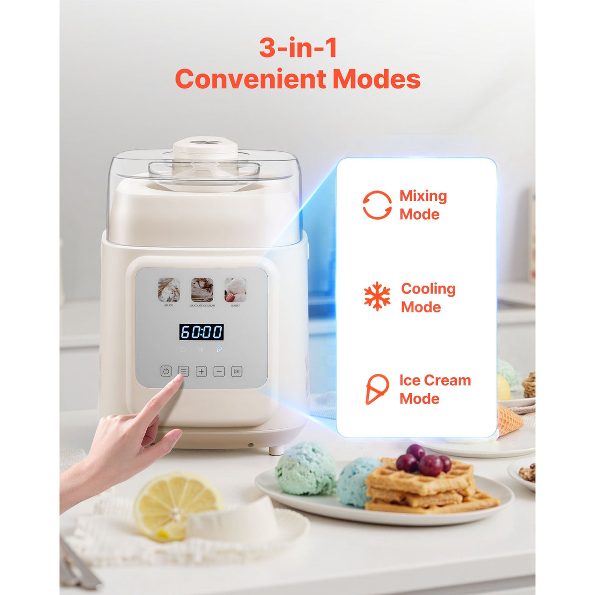 Upright Automatic Ice Cream Maker with Built-in Compressor, 1 Quart No Pre-freezing Gelato Maker & Frozen Yogurt Machine, 4 Modes Electric Sorbet-Maker, Compressor Ice Cream Machine for Home