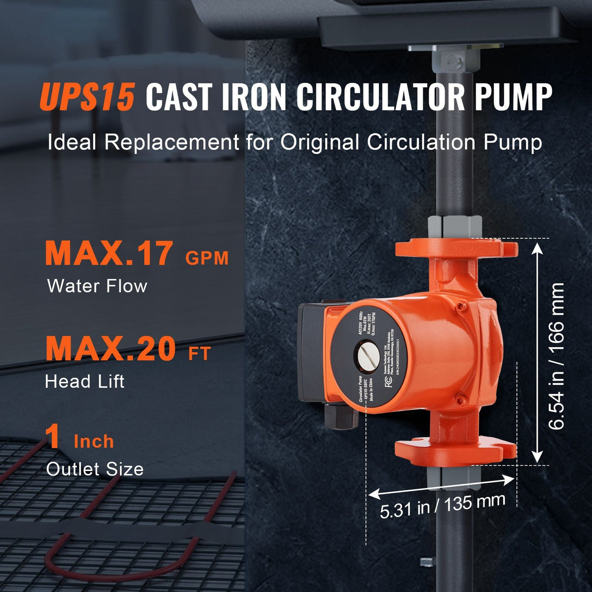 UPS15-58FC Hot Water Recirculating Pump, 110V, 82W 17 GPM Hot Water Circulation Pump, 1" NPT Flange 3-Speed Circulator Pump, Quiet Operation Circulator Pump for Home Water Heater System