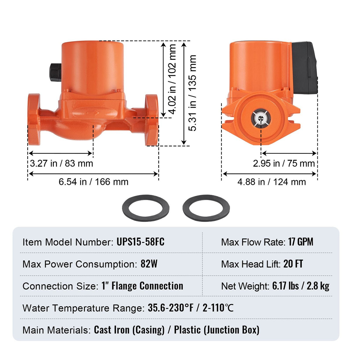 UPS15-58FC Hot Water Recirculating Pump, 110V, 82W 17 GPM Hot Water Circulation Pump, 1" NPT Flange 3-Speed Circulator Pump, Quiet Operation Circulator Pump for Home Water Heater System