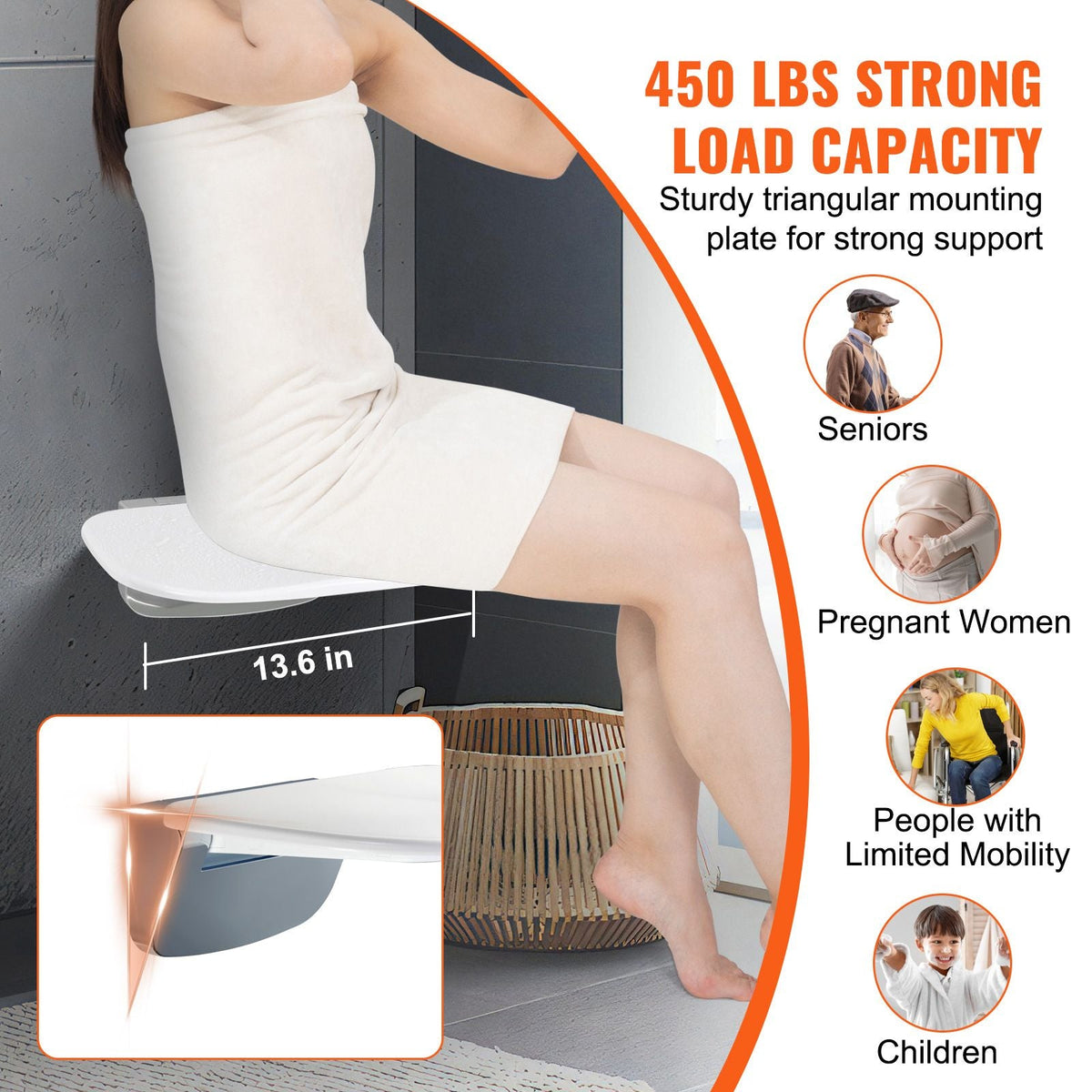 Urea-formaldehyde Folding Shower Seat, 13.6'' x 12.8'' Unfolded, Wall Mounted Fold Up Shower Bench with 450 lbs Load Capacity, Space Saving Fold Down Shower Chair for Seniors Children Adults