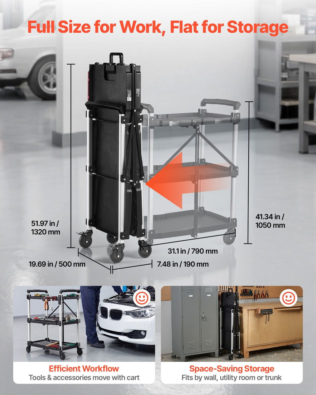 Utility Cart, 300 lbs Capacity, 3 Tier Folding Service Cart with 360° Swivel Wheels (2 with Brakes), Heavy Duty Rolling with Trays & Side Tool Holder, Tool Storage for Garage Warehouse Workshop