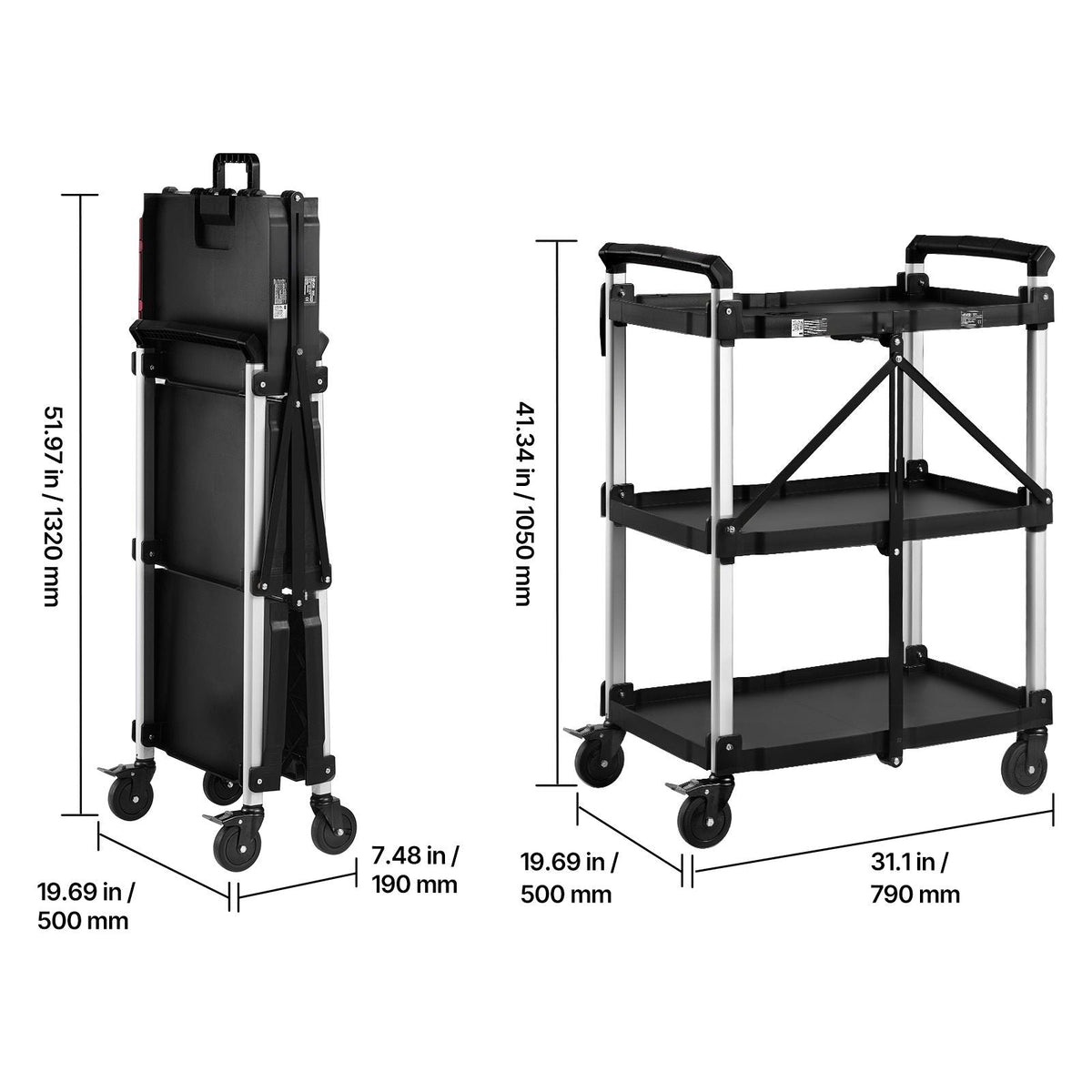 Utility Cart, 300 lbs Capacity, 3 Tier Folding Service Cart with 360° Swivel Wheels (2 with Brakes), Heavy Duty Rolling with Trays & Side Tool Holder, Tool Storage for Garage Warehouse Workshop