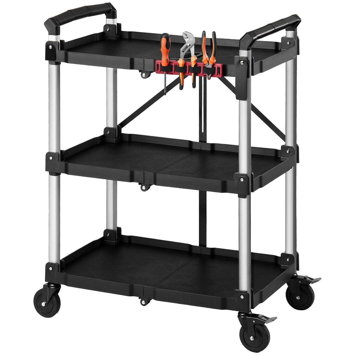 Utility Cart, 300 lbs Capacity, 3 Tier Folding Service Cart with 360° Swivel Wheels (2 with Brakes), Heavy Duty Rolling with Trays & Side Tool Holder, Tool Storage for Garage Warehouse Workshop