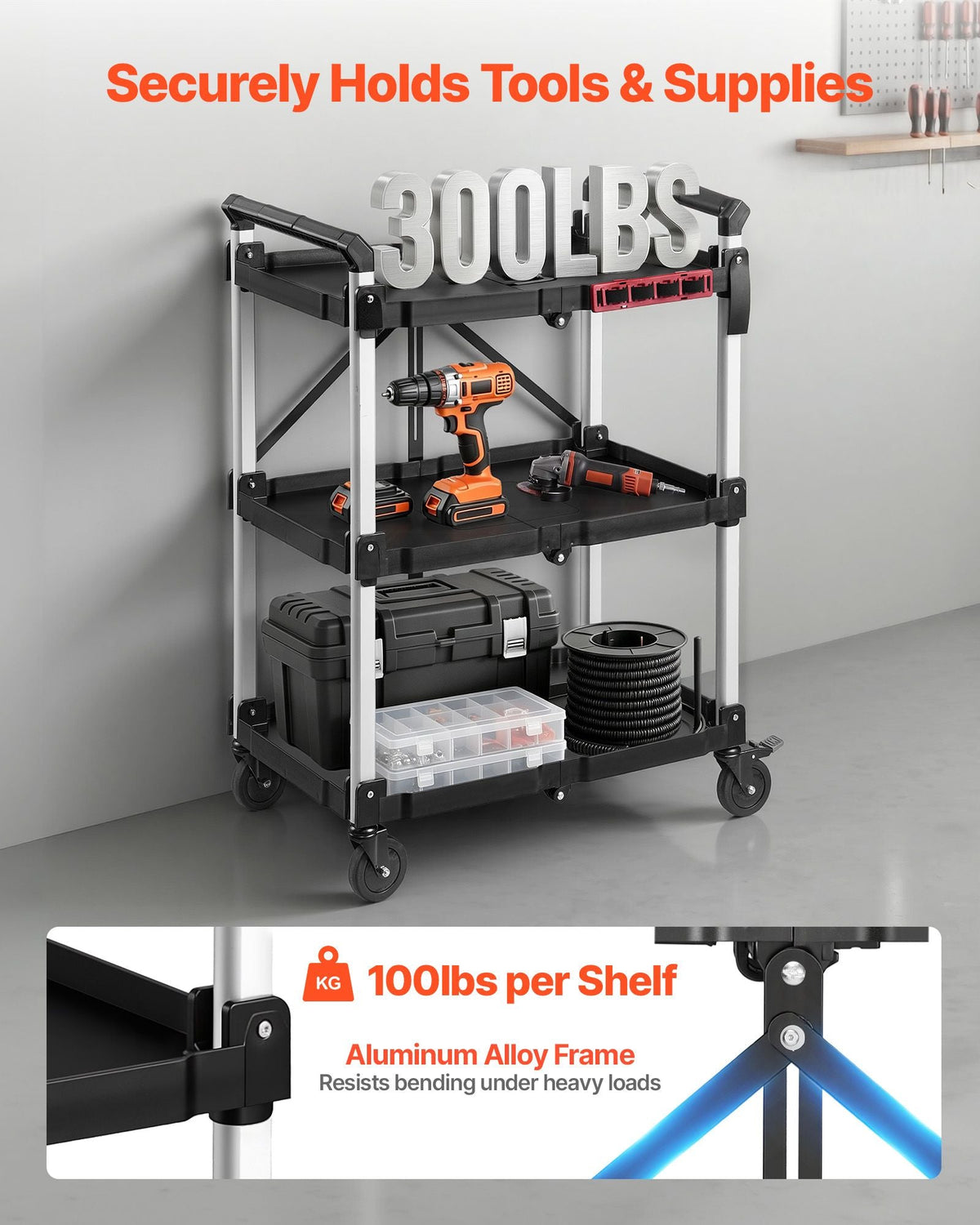 Utility Cart, 300 lbs Capacity, 3 Tier Folding Service Cart with 360° Swivel Wheels (2 with Brakes), Heavy Duty Rolling with Trays & Side Tool Holder, Tool Storage for Garage Warehouse Workshop