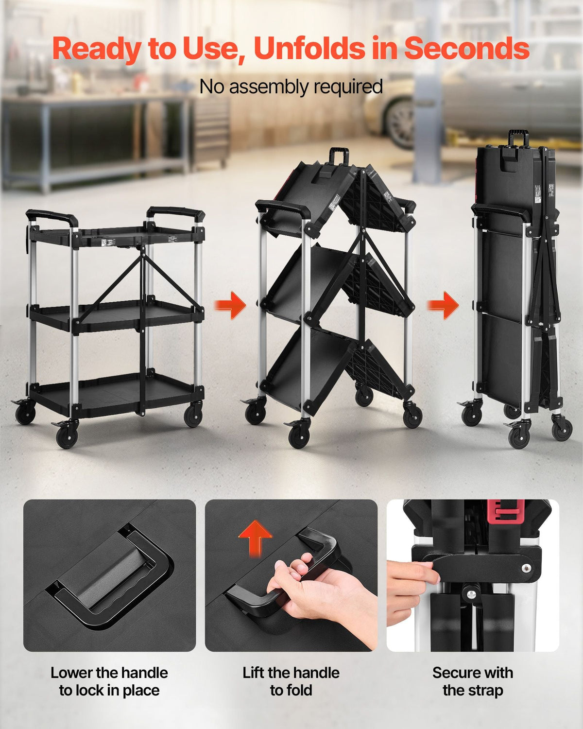 Utility Cart, 300 lbs Capacity, 3 Tier Folding Service Cart with 360° Swivel Wheels (2 with Brakes), Heavy Duty Rolling with Trays & Side Tool Holder, Tool Storage for Garage Warehouse Workshop
