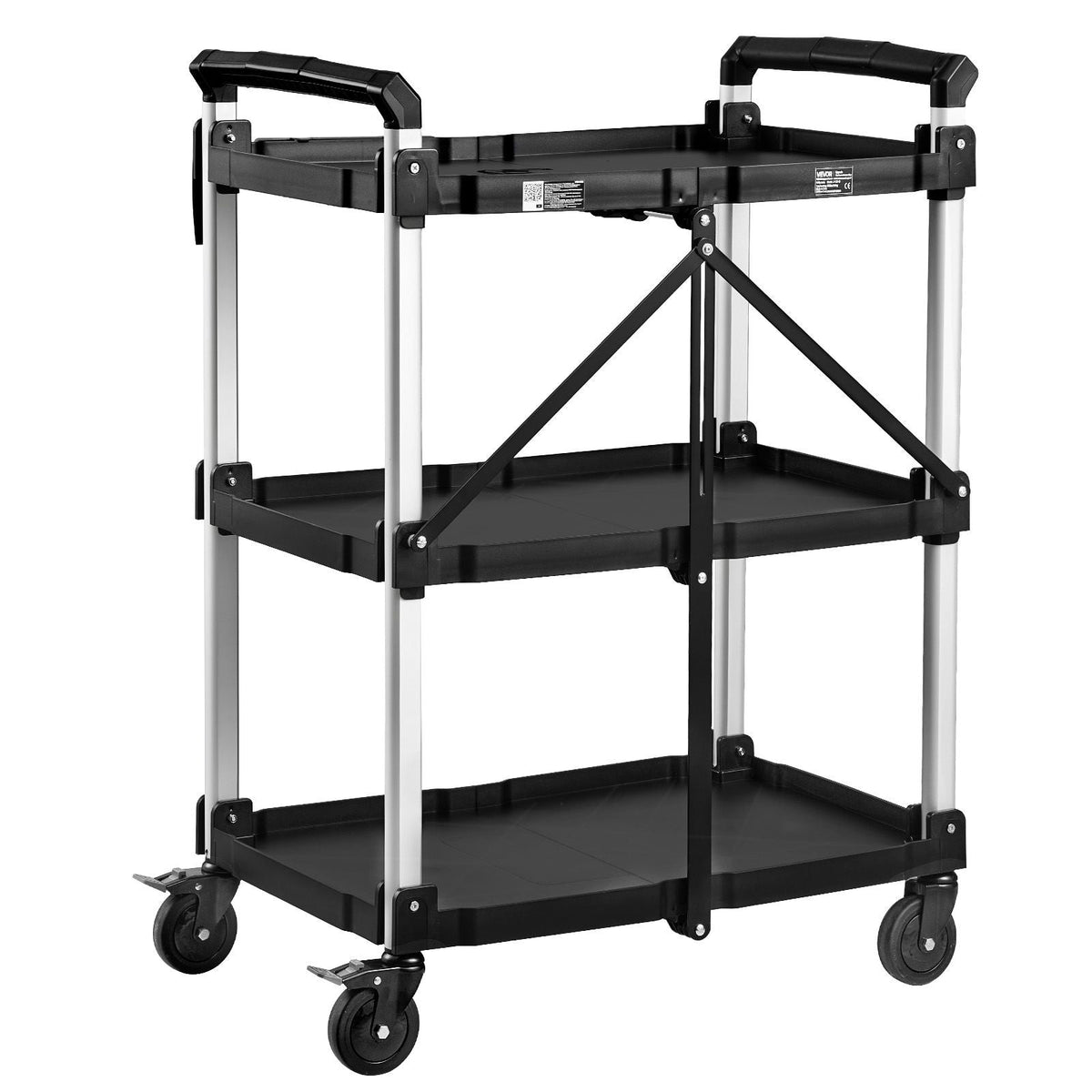 Utility Cart, 300 lbs Capacity, 3 Tier Folding Service Cart with 360° Swivel Wheels (2 with Brakes), Heavy Duty Rolling with Trays & Side Tool Holder, Tool Storage for Garage Warehouse Workshop