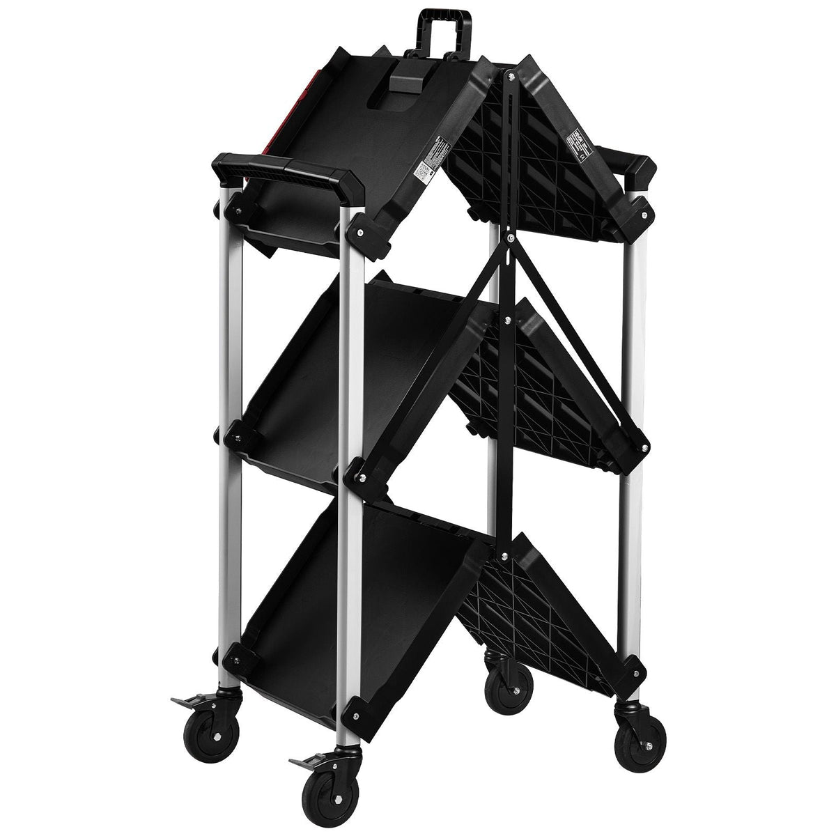 Utility Cart, 300 lbs Capacity, 3 Tier Folding Service Cart with 360° Swivel Wheels (2 with Brakes), Heavy Duty Rolling with Trays & Side Tool Holder, Tool Storage for Garage Warehouse Workshop