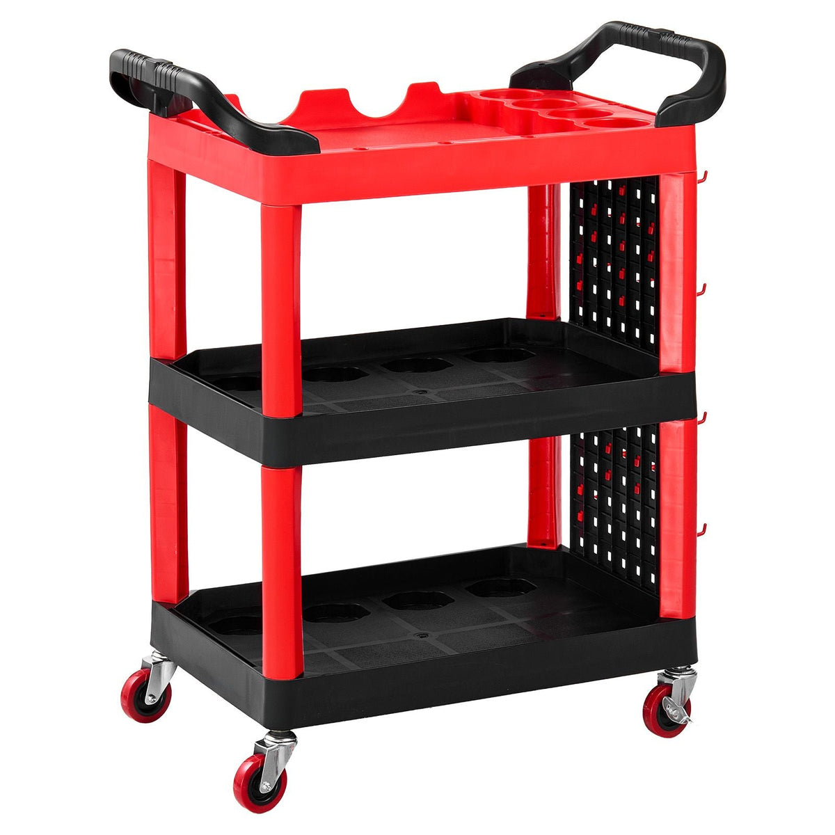 Utility Cart, 300 lbs Capacity, 3 Tier Service Cart with 360° Swivel Wheels (2 with Brakes), Heavy Duty Plastic Rolling with Trays and Pegboards, Tool Storage for Garage, Warehouse & Repair Shop