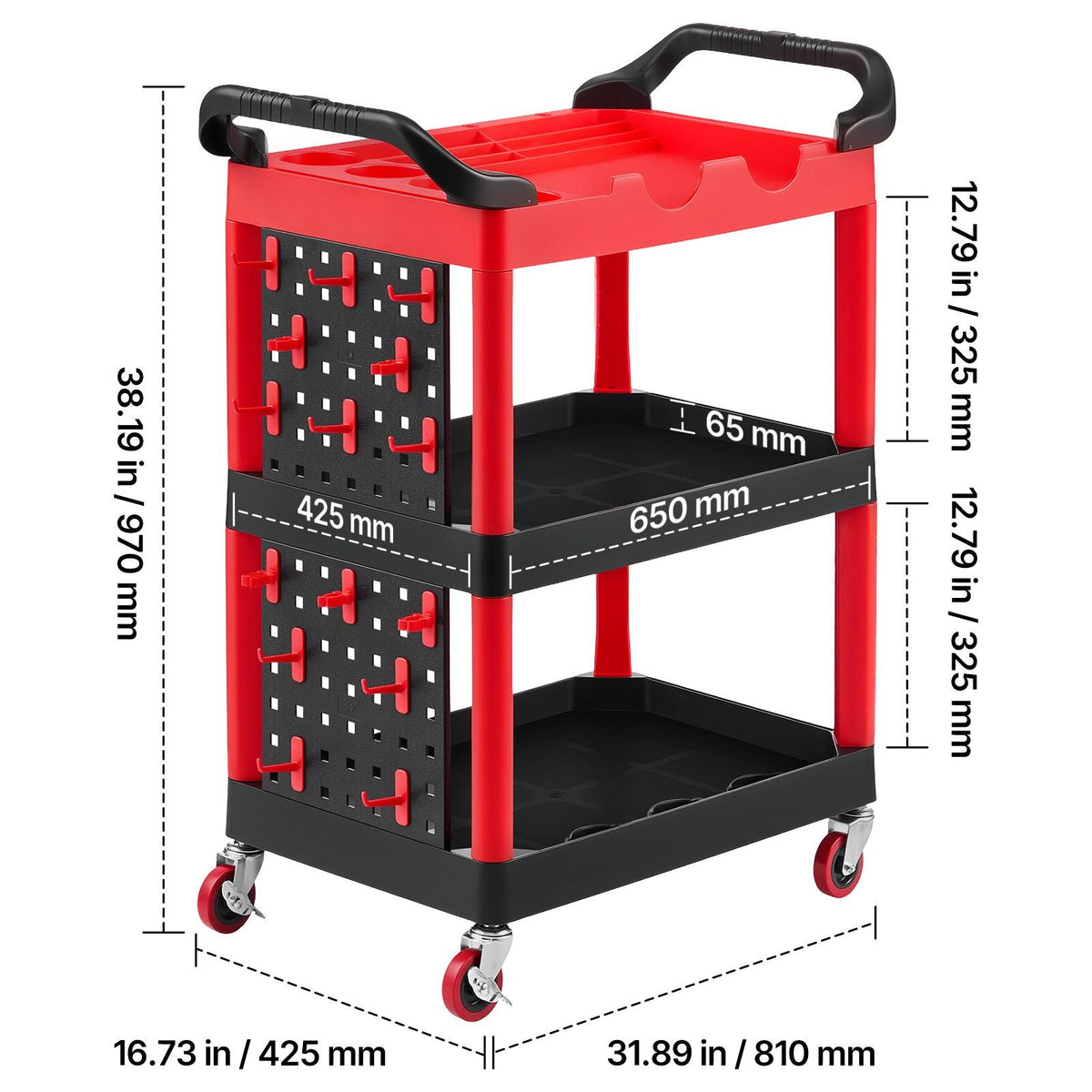 Utility Cart, 300 lbs Capacity, 3 Tier Service Cart with 360° Swivel Wheels (2 with Brakes), Heavy Duty Plastic Rolling with Trays and Pegboards, Tool Storage for Garage, Warehouse & Repair Shop