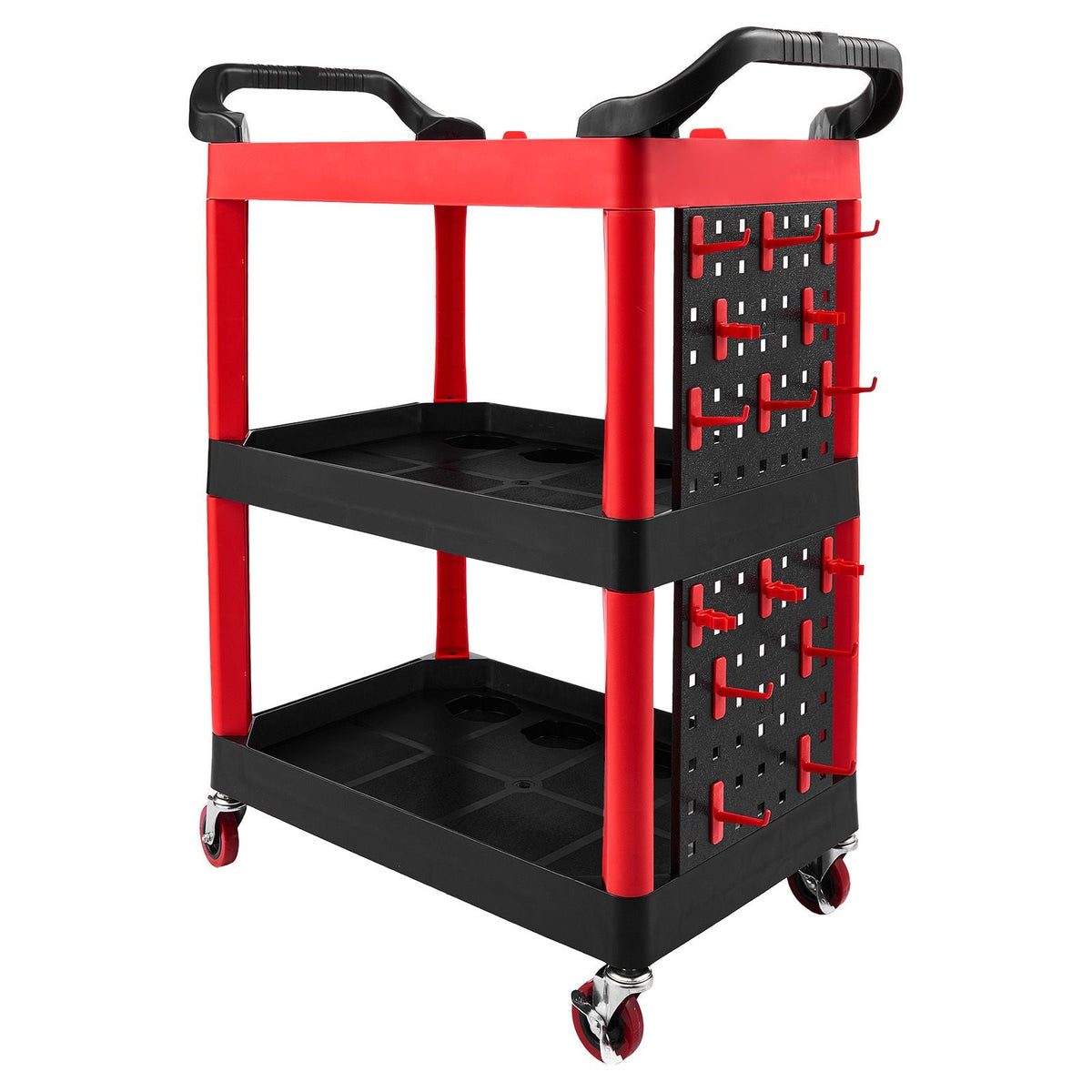 Utility Cart, 300 lbs Capacity, 3 Tier Service Cart with 360° Swivel Wheels (2 with Brakes), Heavy Duty Plastic Rolling with Trays and Pegboards, Tool Storage for Garage, Warehouse & Repair Shop