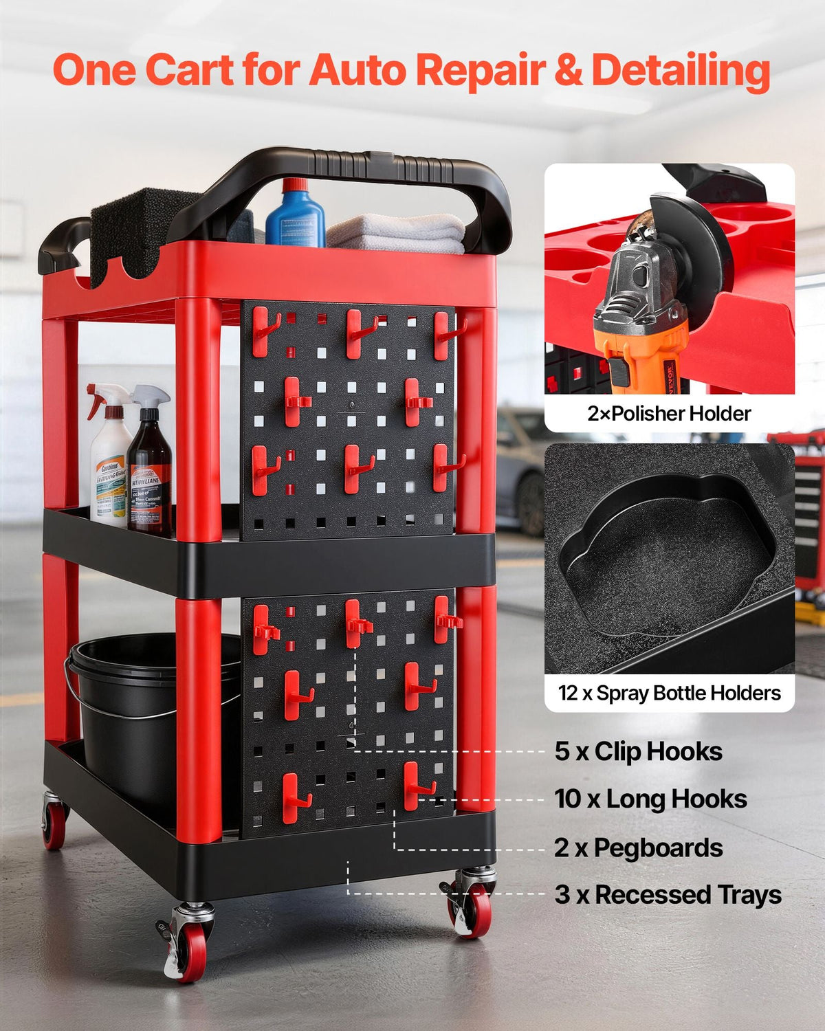 Utility Cart, 300 lbs Capacity, 3 Tier Service Cart with 360° Swivel Wheels (2 with Brakes), Heavy Duty Plastic Rolling with Trays and Pegboards, Tool Storage for Garage, Warehouse & Repair Shop