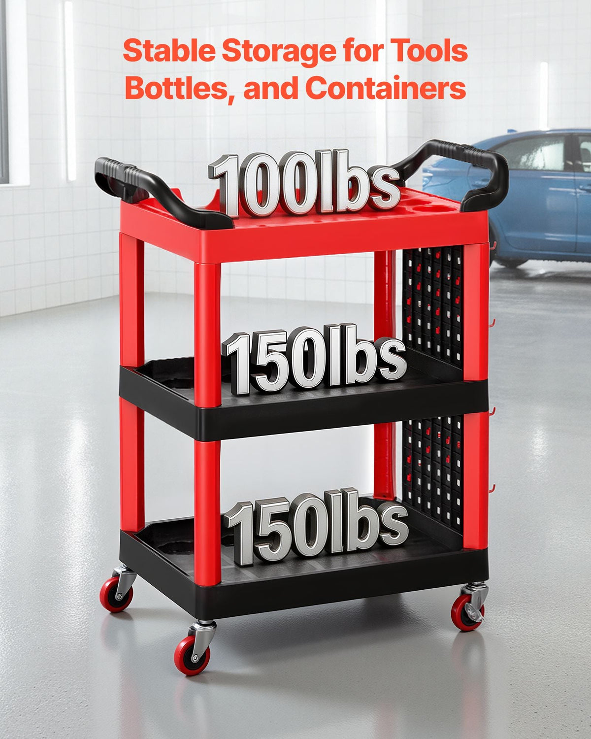 Utility Cart, 300 lbs Capacity, 3 Tier Service Cart with 360° Swivel Wheels (2 with Brakes), Heavy Duty Plastic Rolling with Trays and Pegboards, Tool Storage for Garage, Warehouse & Repair Shop