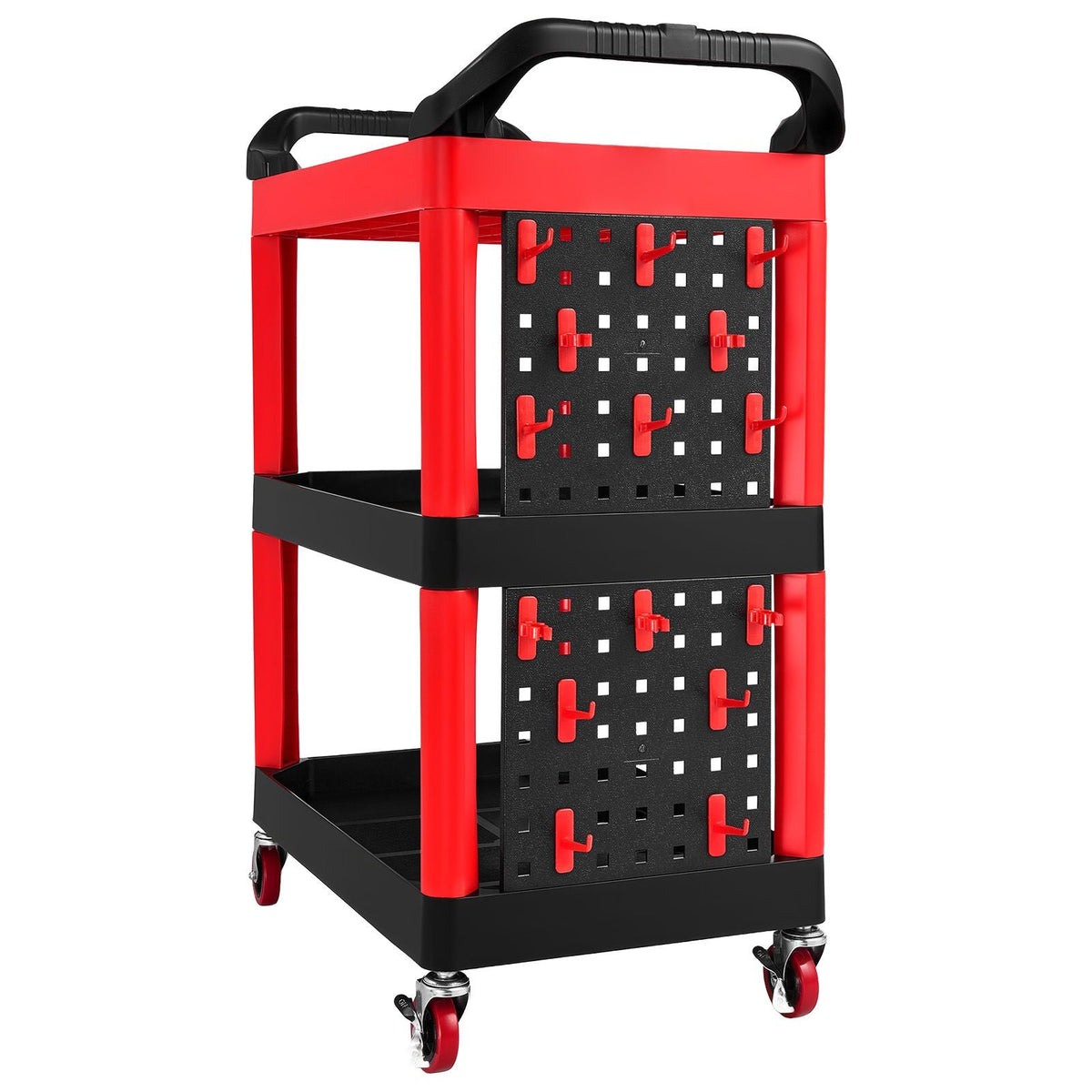 Utility Cart, 300 lbs Capacity, 3 Tier Service Cart with 360° Swivel Wheels (2 with Brakes), Heavy Duty Plastic Rolling with Trays and Pegboards, Tool Storage for Garage, Warehouse & Repair Shop