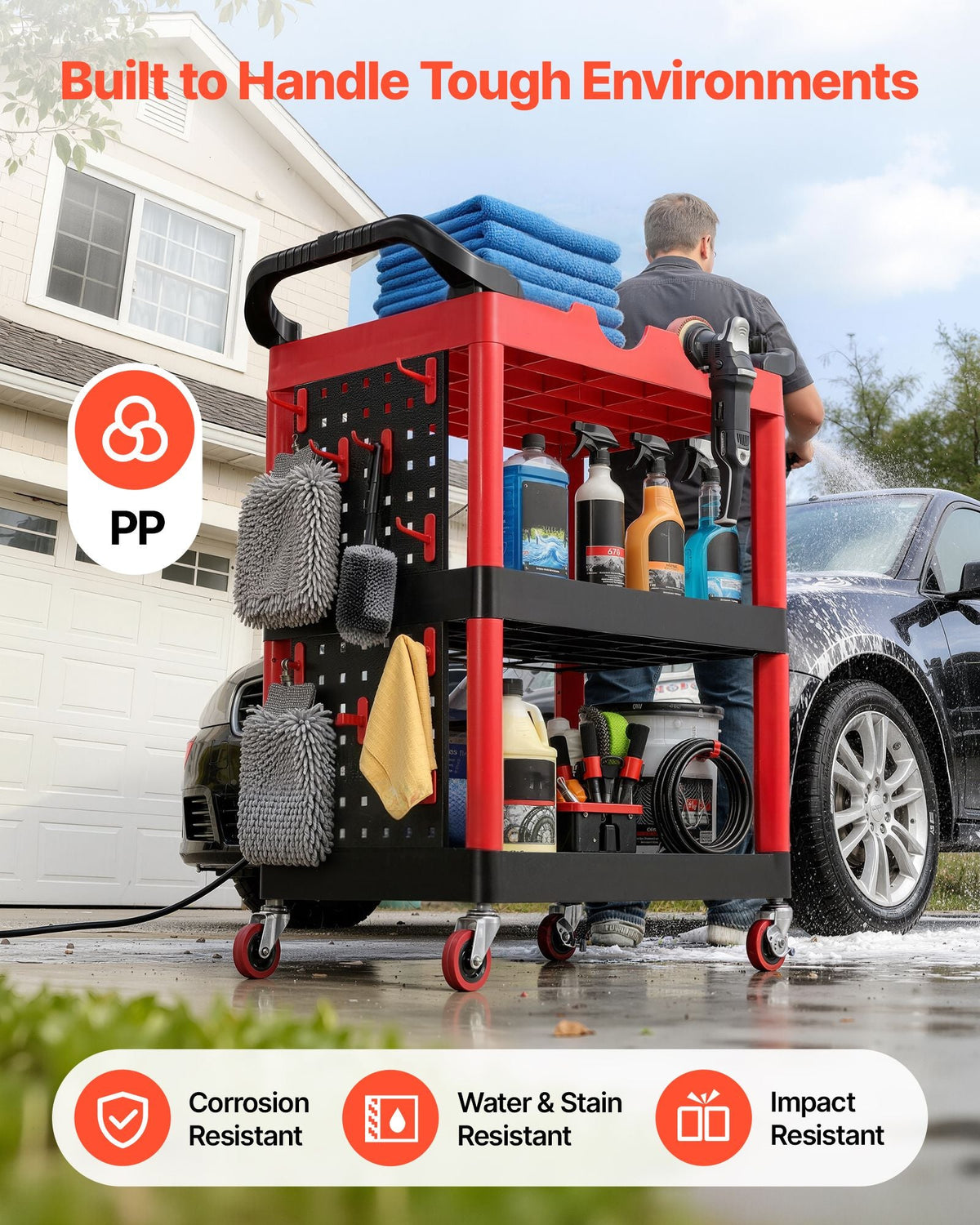 Utility Cart, 300 lbs Capacity, 3 Tier Service Cart with 360° Swivel Wheels (2 with Brakes), Heavy Duty Plastic Rolling with Trays and Pegboards, Tool Storage for Garage, Warehouse & Repair Shop