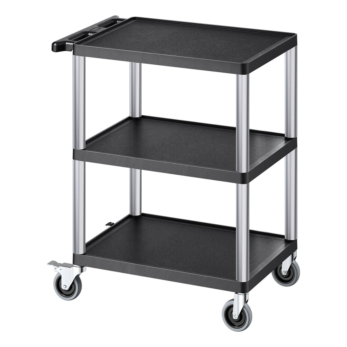 Utility Cart, 300 lbs Load Capacity, 27.6 x 18.1-inch Service Cart, Three-Shelf Heavy Duty Plastic Utility Cart with 360° Swivel Wheels (2 with Brakes), Suitable for Warehouse, Garage, Cleaning