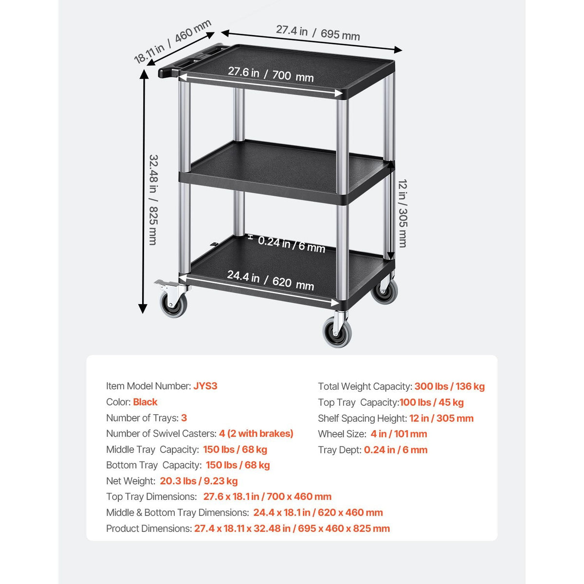 Utility Cart, 300 lbs Load Capacity, 27.6 x 18.1-inch Service Cart, Three-Shelf Heavy Duty Plastic Utility Cart with 360° Swivel Wheels (2 with Brakes), Suitable for Warehouse, Garage, Cleaning