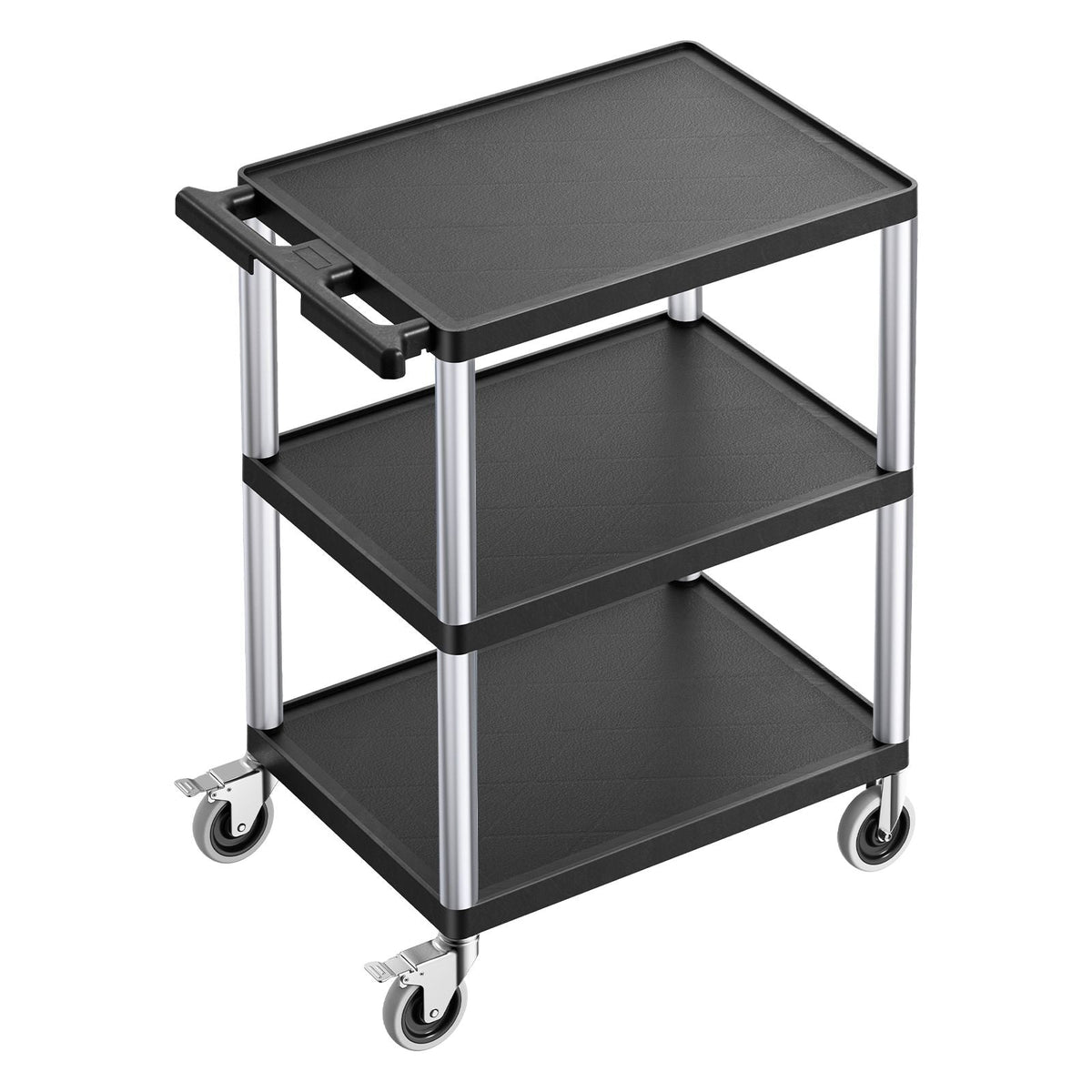Utility Cart, 300 lbs Load Capacity, 27.6 x 18.1-inch Service Cart, Three-Shelf Heavy Duty Plastic Utility Cart with 360° Swivel Wheels (2 with Brakes), Suitable for Warehouse, Garage, Cleaning