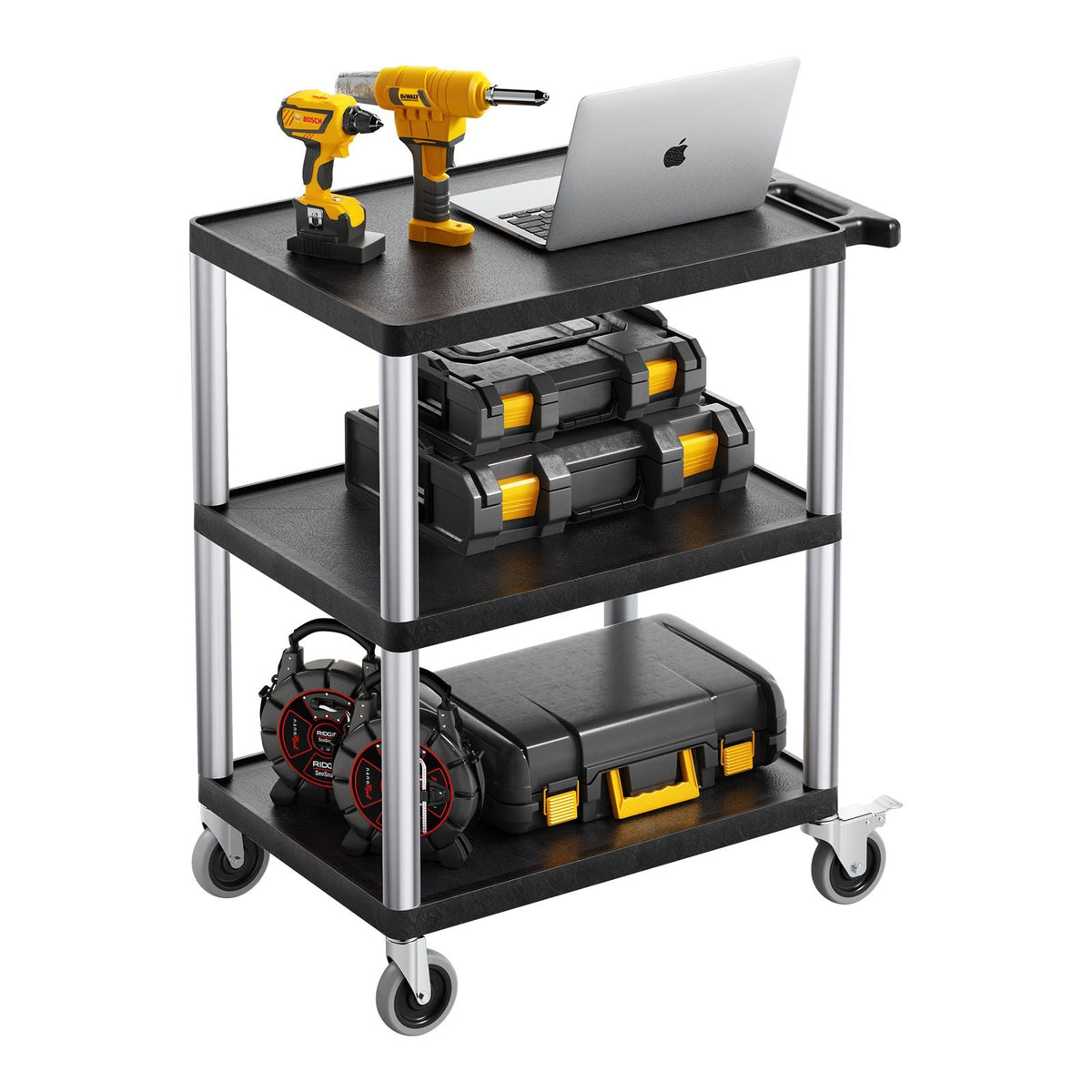 Utility Cart, 300 lbs Load Capacity, 27.6 x 18.1-inch Service Cart, Three-Shelf Heavy Duty Plastic Utility Cart with 360° Swivel Wheels (2 with Brakes), Suitable for Warehouse, Garage, Cleaning