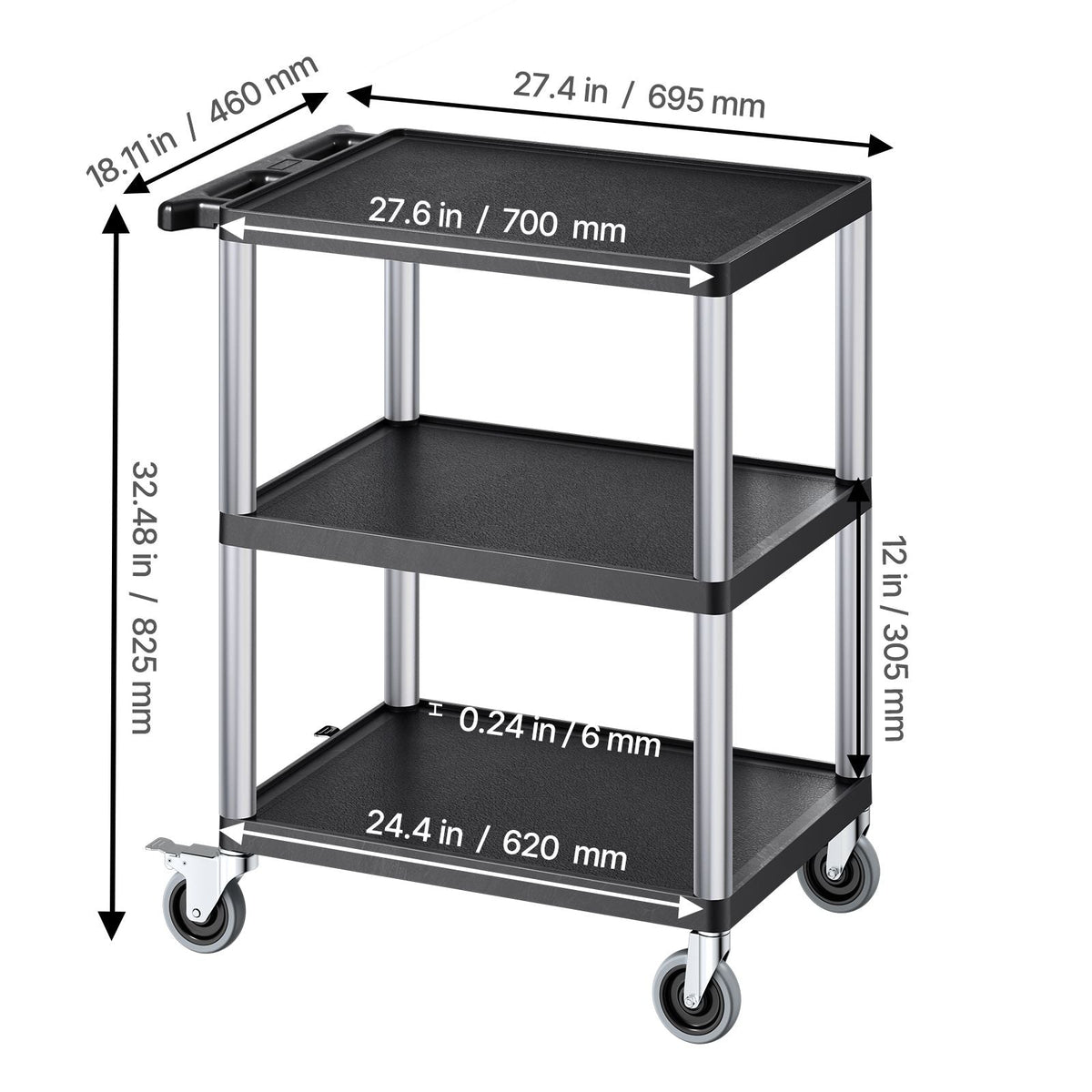 Utility Cart, 300 lbs Load Capacity, 27.6 x 18.1-inch Service Cart, Three-Shelf Heavy Duty Plastic Utility Cart with 360° Swivel Wheels (2 with Brakes), Suitable for Warehouse, Garage, Cleaning