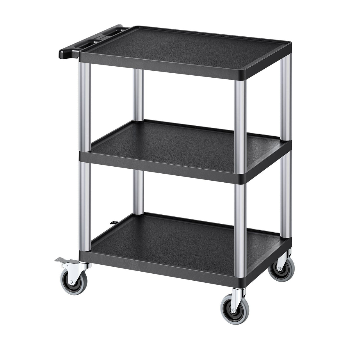 Utility Cart, 300 lbs Load Capacity, 27.6 x 18.1-inch Service Cart, Three-Shelf Heavy Duty Plastic Utility Cart with 360° Swivel Wheels (2 with Brakes), Suitable for Warehouse, Garage, Cleaning