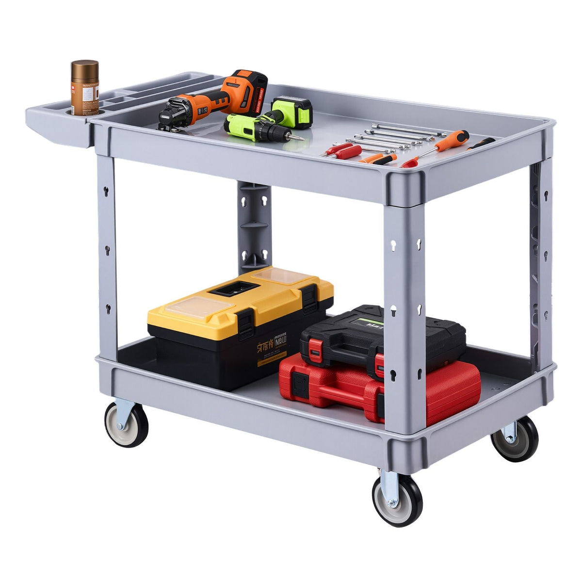 Utility Cart, 550 lbs Capacity, 2 Tier Service Cart with 360° Swivel & Fixed Wheels (2 with Brakes), Heavy Duty Plastic Rolling with Storage Tray, Tool Storage for Garage Warehouse Workshop Gray