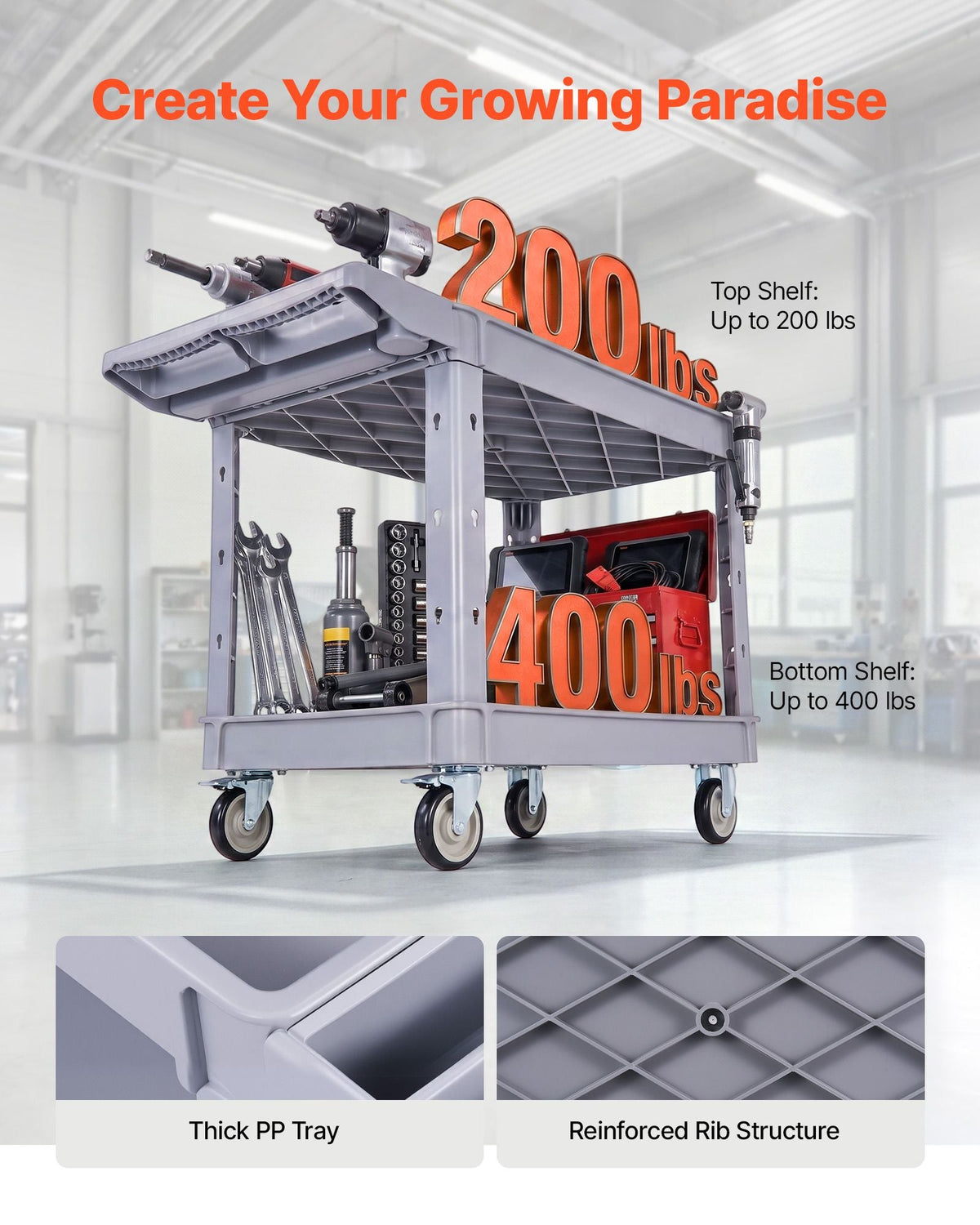 Utility Cart, 550 lbs Capacity, 2 Tier Service Cart with 360° Swivel & Fixed Wheels (2 with Brakes), Heavy Duty Plastic Rolling with Storage Tray, Tool Storage for Garage Warehouse Workshop Gray