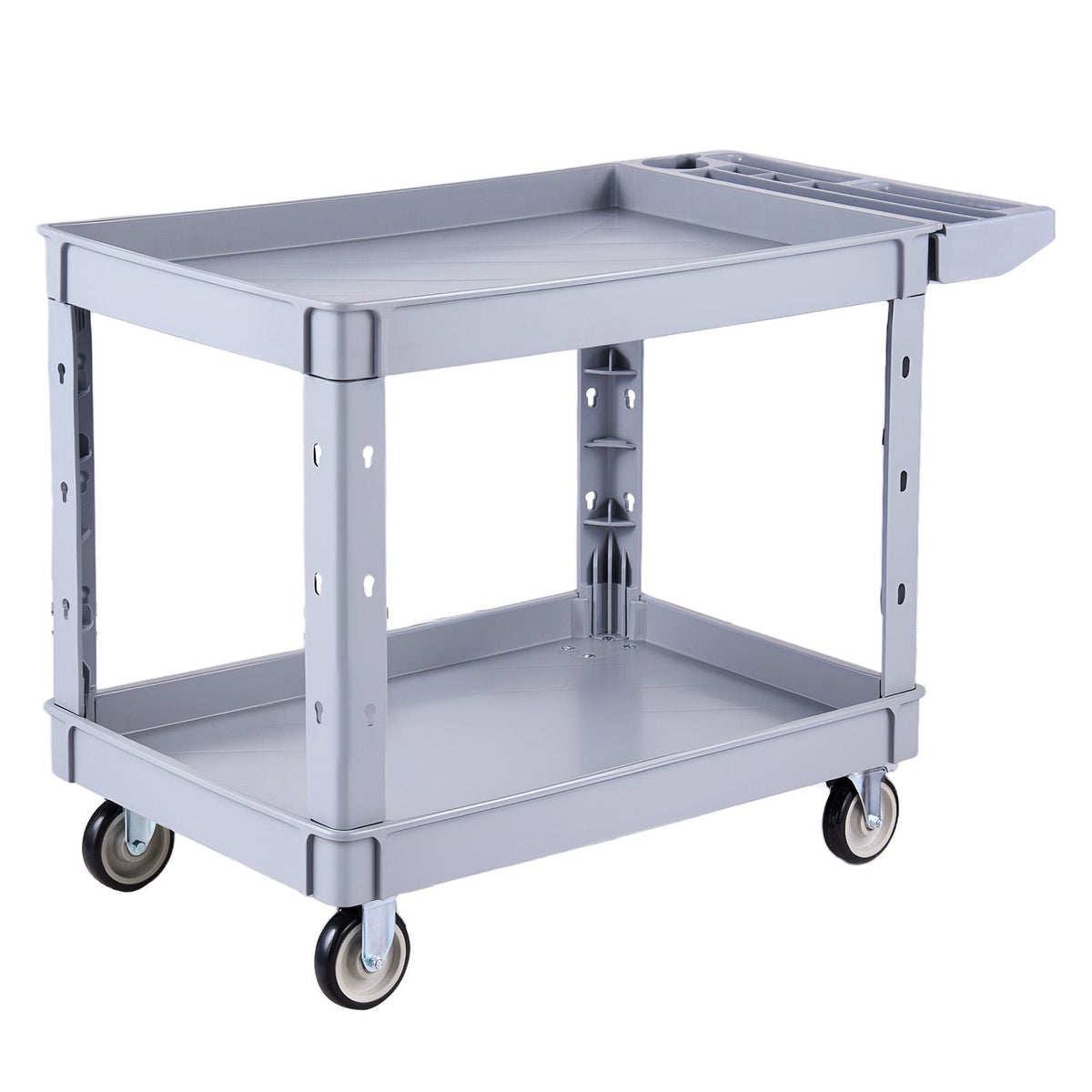 Utility Cart, 550 lbs Capacity, 2 Tier Service Cart with 360° Swivel & Fixed Wheels (2 with Brakes), Heavy Duty Plastic Rolling with Storage Tray, Tool Storage for Garage Warehouse Workshop Gray