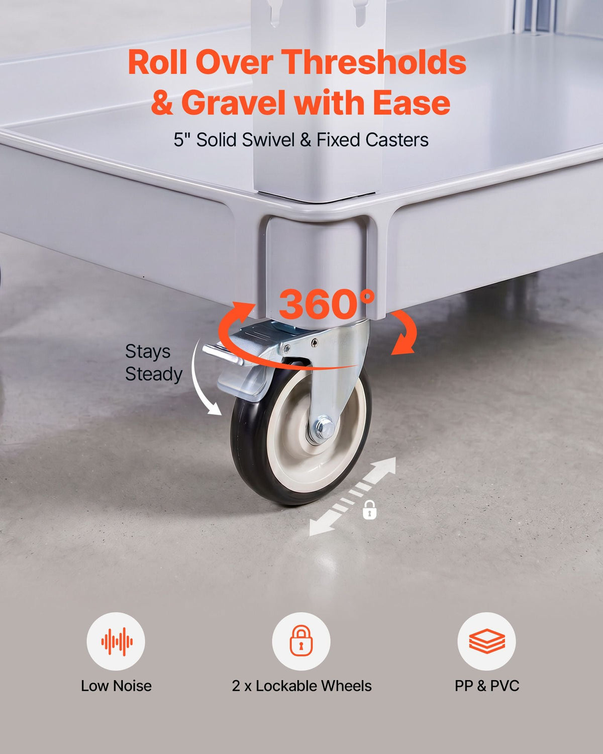 Utility Cart, 550 lbs Capacity, 2 Tier Service Cart with 360° Swivel & Fixed Wheels (2 with Brakes), Heavy Duty Plastic Rolling with Storage Tray, Tool Storage for Garage Warehouse Workshop Gray