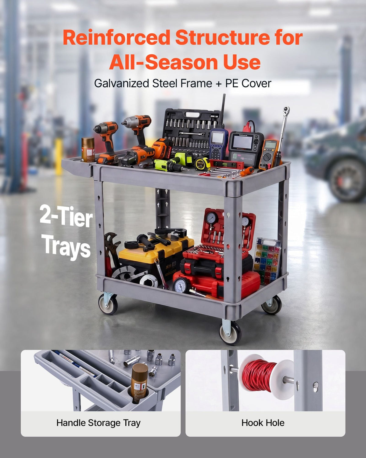 Utility Cart, 550 lbs Capacity, 2 Tier Service Cart with 360° Swivel & Fixed Wheels (2 with Brakes), Heavy Duty Plastic Rolling with Storage Tray, Tool Storage for Garage Warehouse Workshop Gray