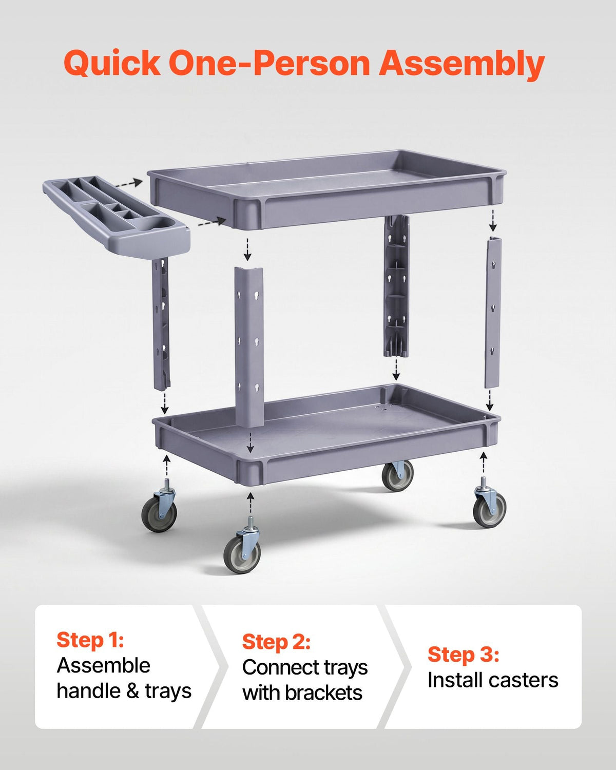 Utility Cart, 550 lbs Capacity, 2 Tier Service Cart with 360° Swivel & Fixed Wheels (2 with Brakes), Heavy Duty Plastic Rolling with Storage Tray, Tool Storage for Garage Warehouse Workshop Gray