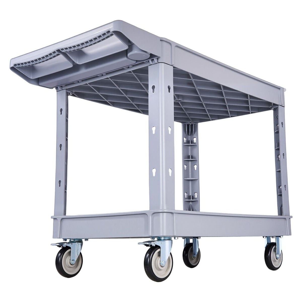 Utility Cart, 550 lbs Capacity, 2 Tier Service Cart with 360° Swivel & Fixed Wheels (2 with Brakes), Heavy Duty Plastic Rolling with Storage Tray, Tool Storage for Garage Warehouse Workshop Gray