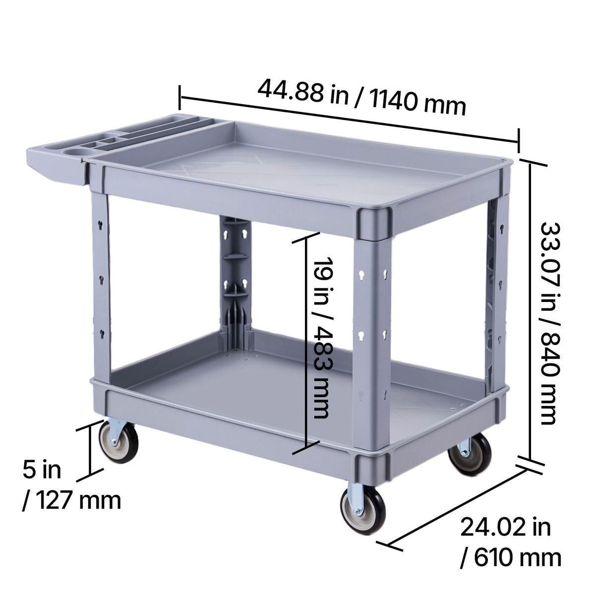 Utility Cart, 550 lbs Capacity, 2 Tier Service Cart with 360° Swivel & Fixed Wheels (2 with Brakes), Heavy Duty Plastic Rolling with Storage Tray, Tool Storage for Garage Warehouse Workshop Gray