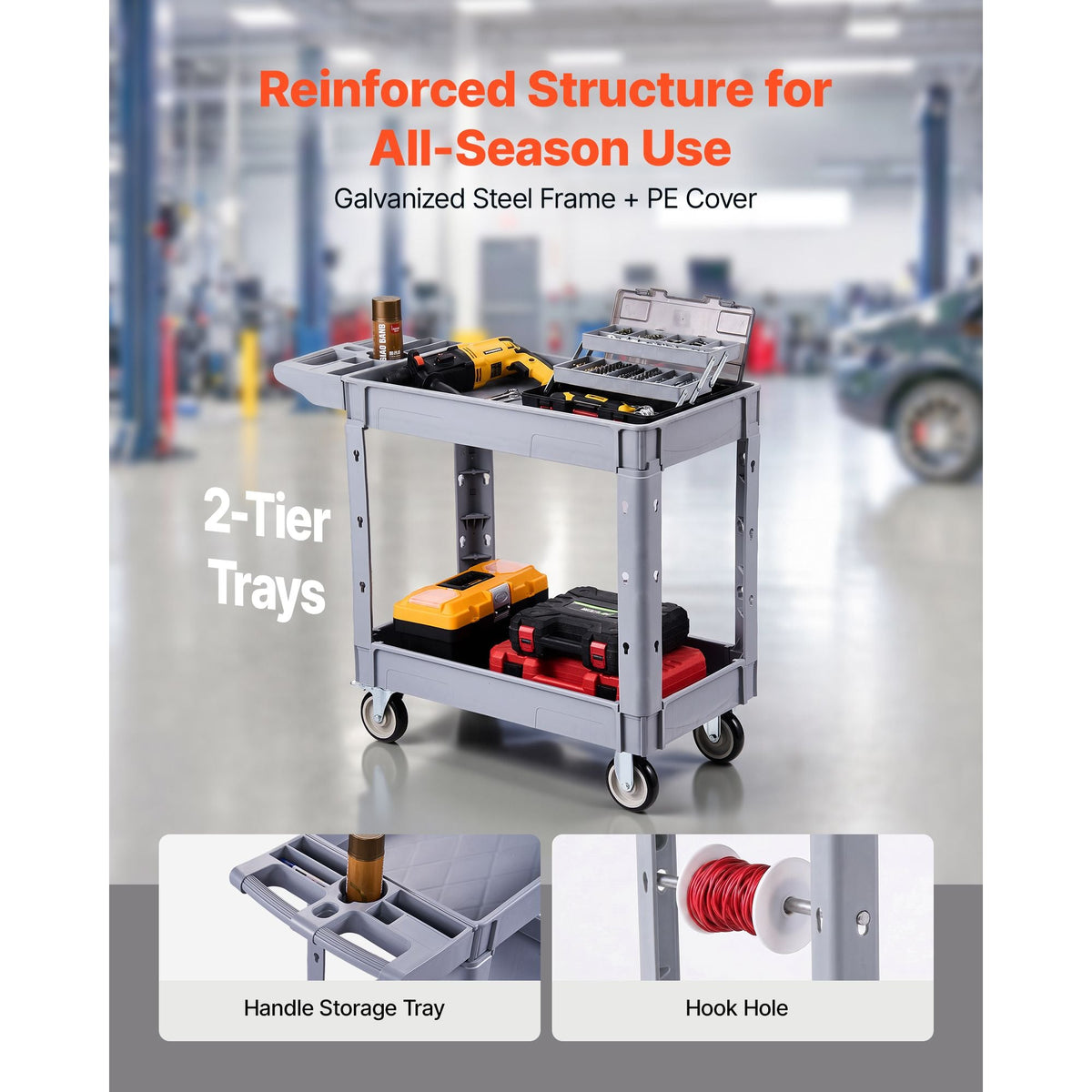 Utility Cart, 550 lbs Capacity, 2 Tier Service Cart with 360° Swivel & Fixed Wheels (2 with Brakes), Heavy Duty Plastic Rolling with Storage Tray, Tool Storage for Garage Warehouse Workshop