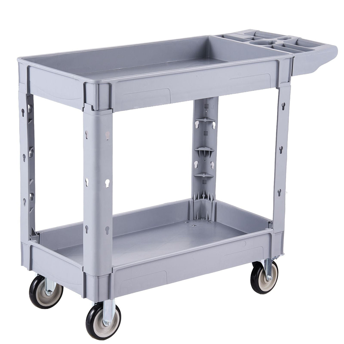 Utility Cart, 550 lbs Capacity, 2 Tier Service Cart with 360° Swivel & Fixed Wheels (2 with Brakes), Heavy Duty Plastic Rolling with Storage Tray, Tool Storage for Garage Warehouse Workshop