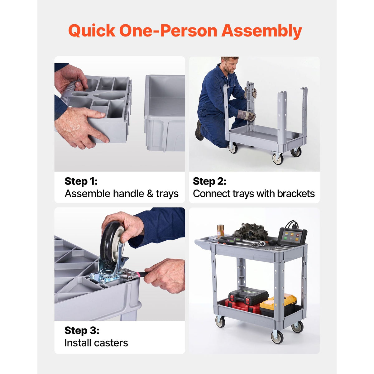 Utility Cart, 550 lbs Capacity, 2 Tier Service Cart with 360° Swivel & Fixed Wheels (2 with Brakes), Heavy Duty Plastic Rolling with Storage Tray, Tool Storage for Garage Warehouse Workshop