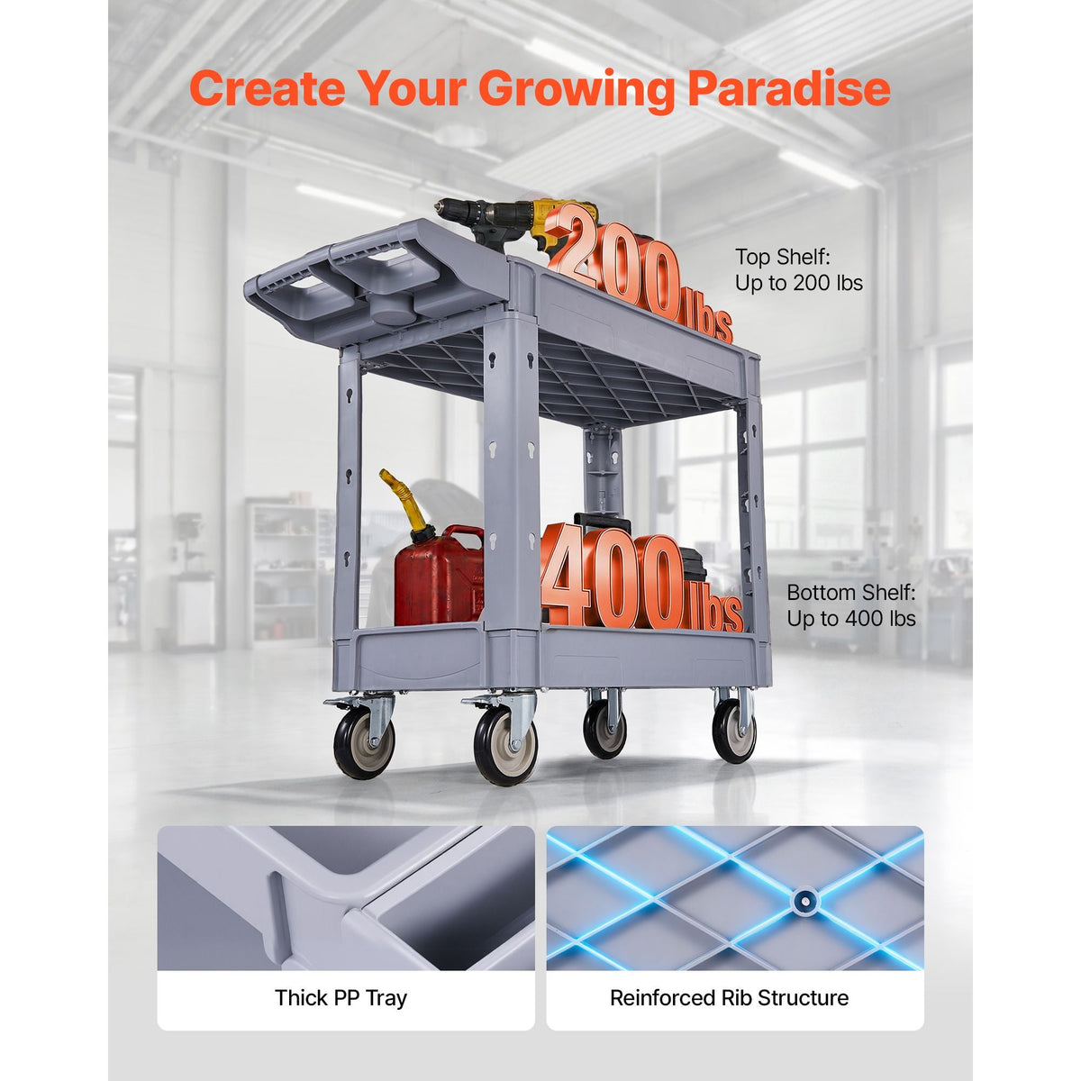 Utility Cart, 550 lbs Capacity, 2 Tier Service Cart with 360° Swivel & Fixed Wheels (2 with Brakes), Heavy Duty Plastic Rolling with Storage Tray, Tool Storage for Garage Warehouse Workshop