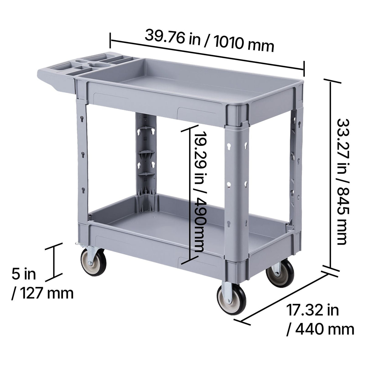 Utility Cart, 550 lbs Capacity, 2 Tier Service Cart with 360° Swivel & Fixed Wheels (2 with Brakes), Heavy Duty Plastic Rolling with Storage Tray, Tool Storage for Garage Warehouse Workshop