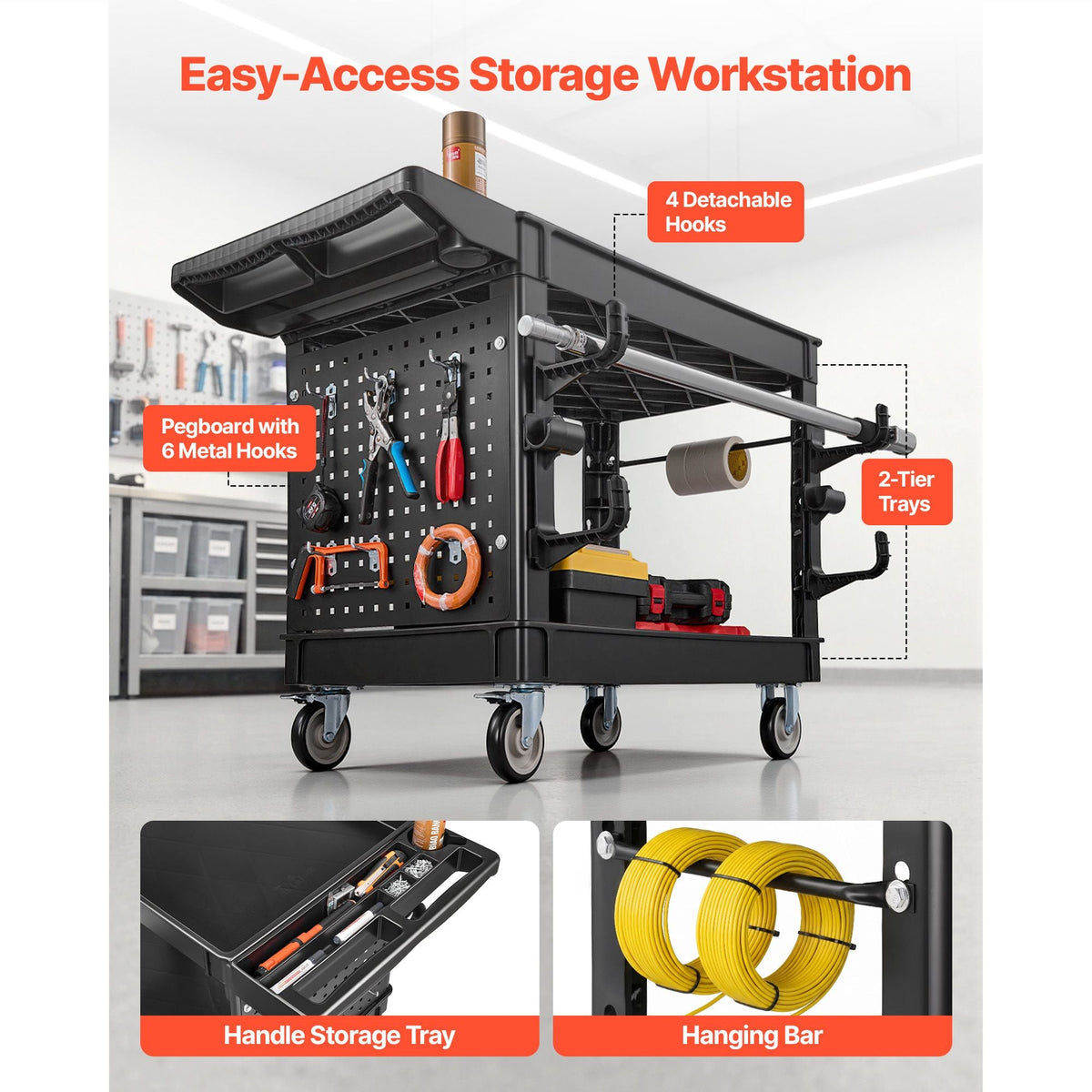 Utility Cart, 550 lbs Capacity, 2 Tier Service Cart with 360° Swivel & Fixed Wheels (2 with Brakes), Heavy Duty Plastic Rolling with Tray and Pegboard, Tool Storage for Garage Warehouse, Black
