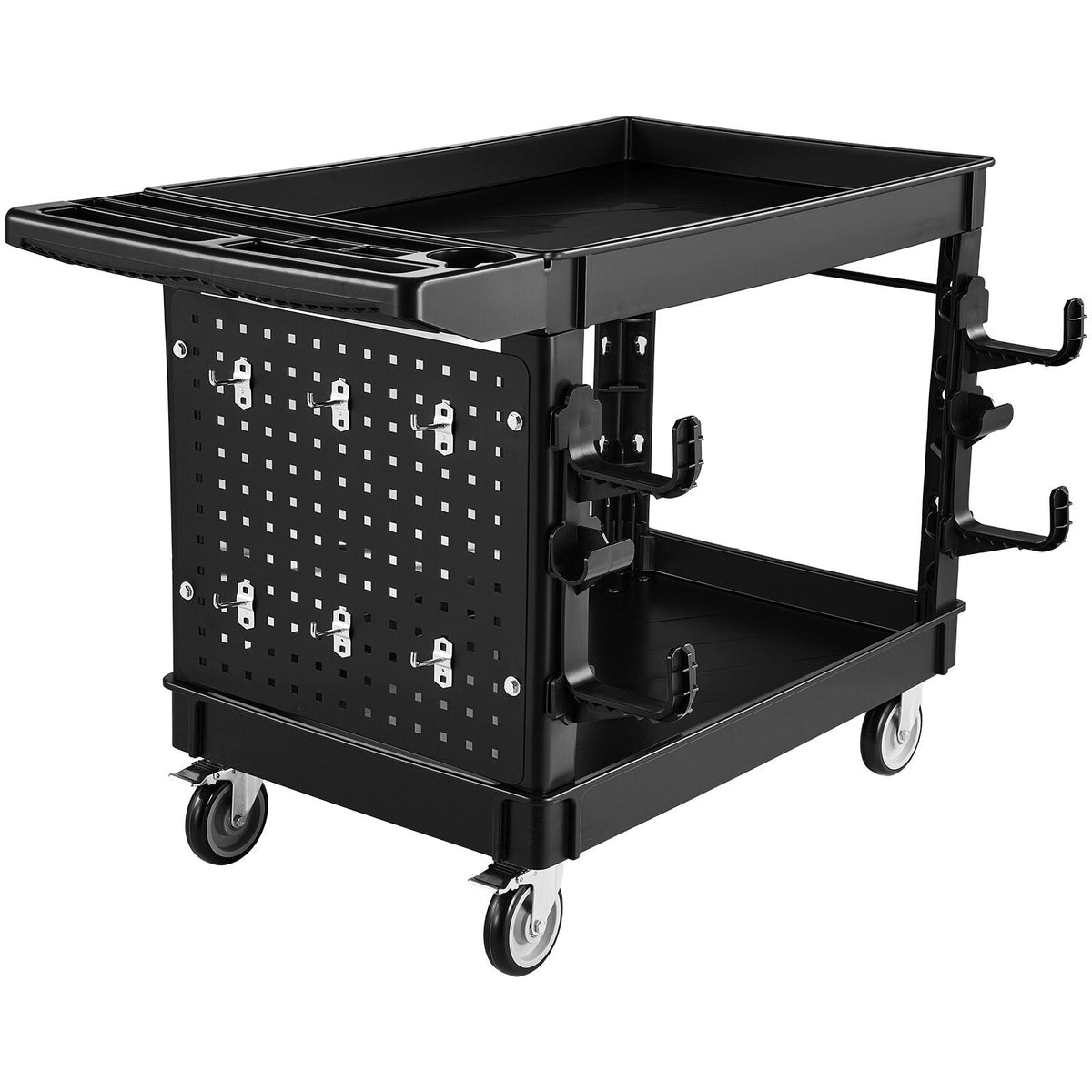 Utility Cart, 550 lbs Capacity, 2 Tier Service Cart with 360° Swivel & Fixed Wheels (2 with Brakes), Heavy Duty Plastic Rolling with Tray and Pegboard, Tool Storage for Garage Warehouse, Black