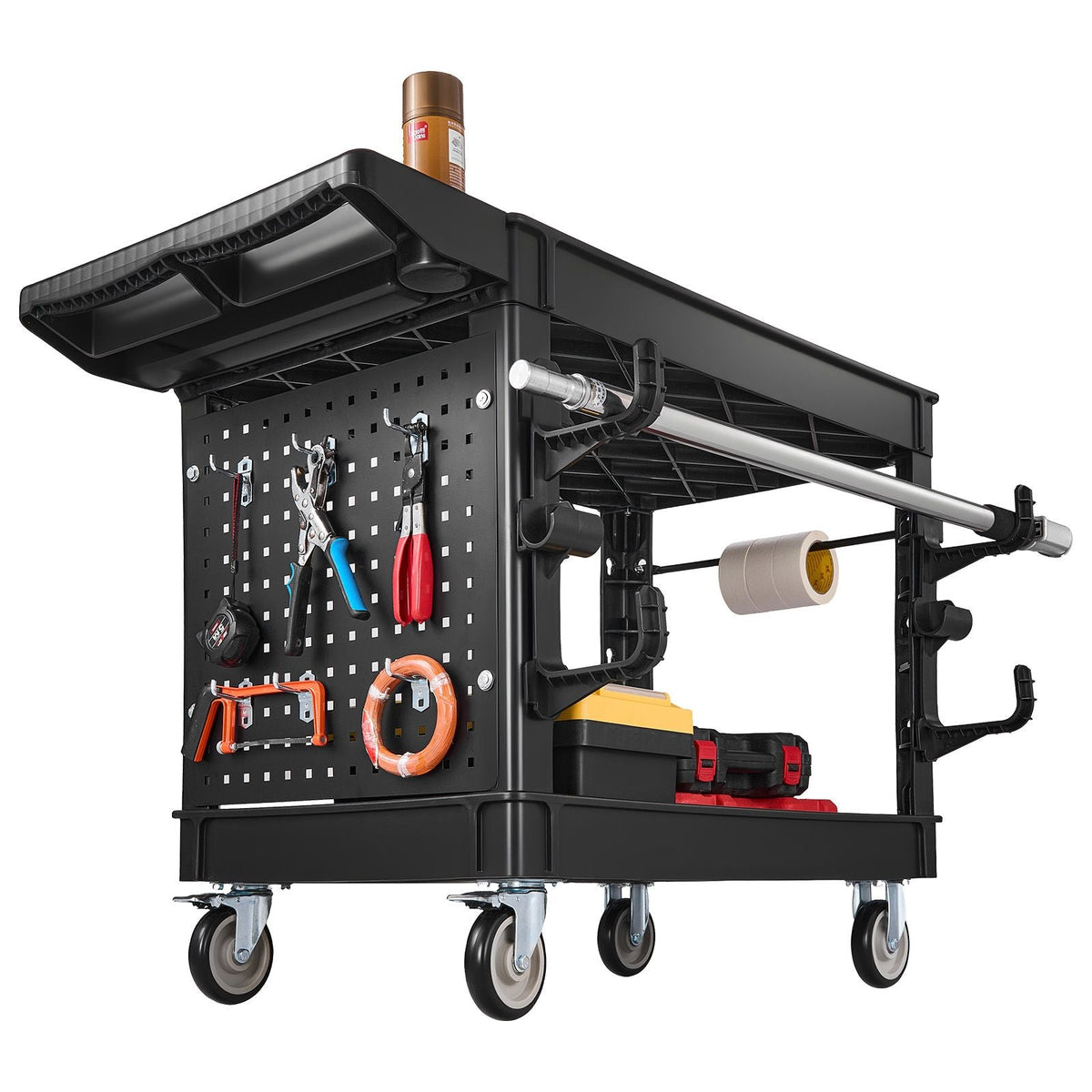 Utility Cart, 550 lbs Capacity, 2 Tier Service Cart with 360° Swivel & Fixed Wheels (2 with Brakes), Heavy Duty Plastic Rolling with Tray and Pegboard, Tool Storage for Garage Warehouse, Black