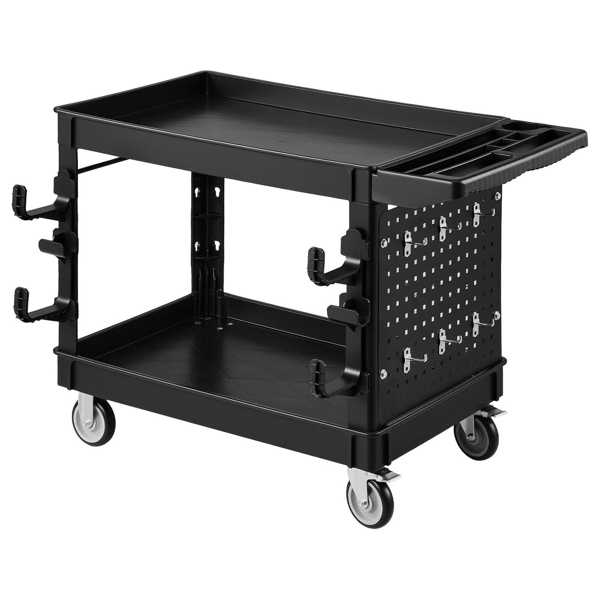 Utility Cart, 550 lbs Capacity, 2 Tier Service Cart with 360° Swivel & Fixed Wheels (2 with Brakes), Heavy Duty Plastic Rolling with Tray and Pegboard, Tool Storage for Garage Warehouse, Black