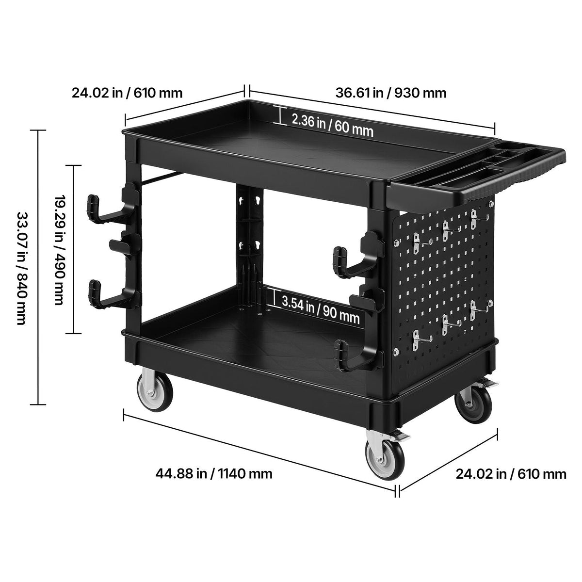 Utility Cart, 550 lbs Capacity, 2 Tier Service Cart with 360° Swivel & Fixed Wheels (2 with Brakes), Heavy Duty Plastic Rolling with Tray and Pegboard, Tool Storage for Garage Warehouse, Black