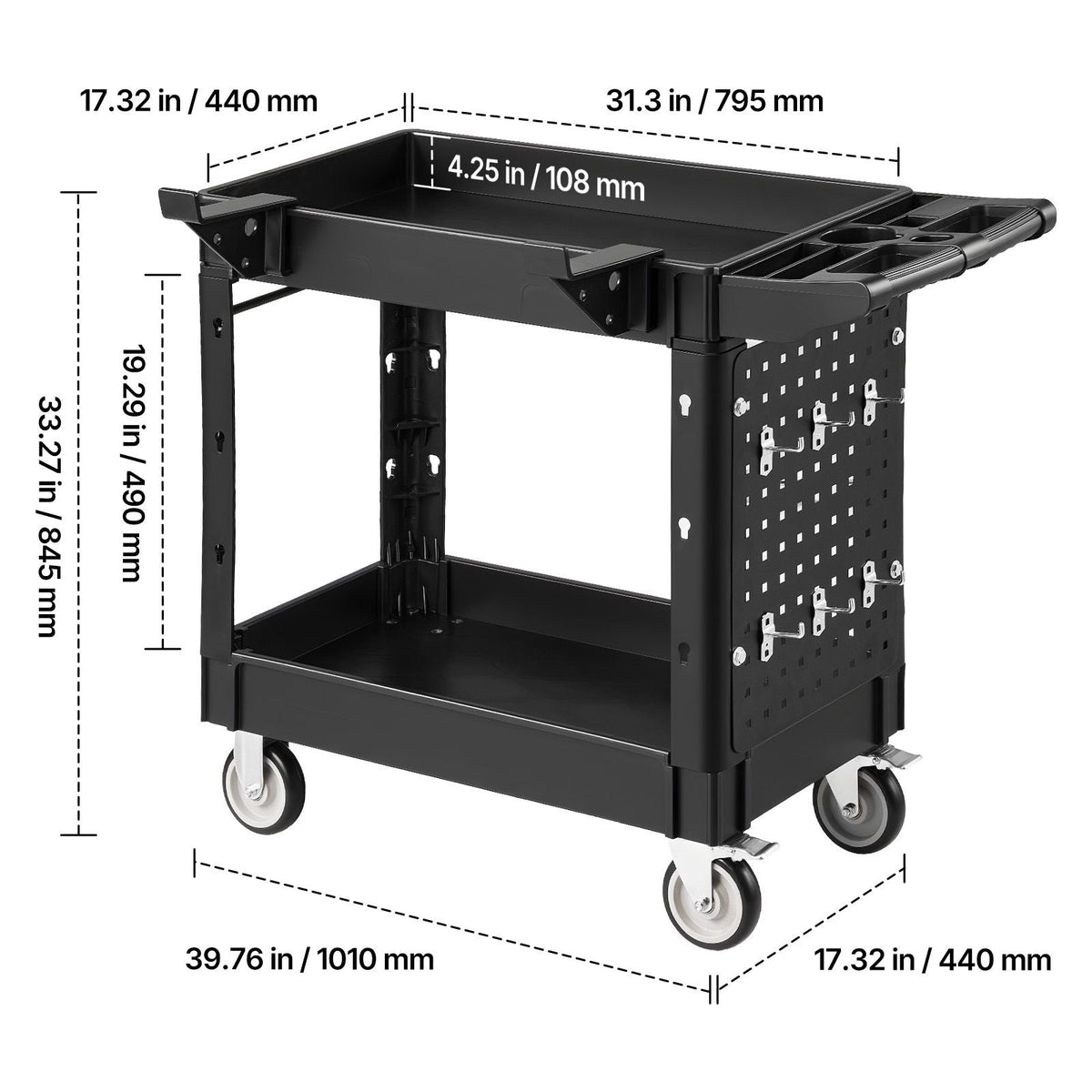 Utility Cart, 550 lbs Capacity, 2 Tier Service Cart with 360° Swivel & Fixed Wheels (2 with Brakes), Heavy Duty Plastic Rolling with Tray and Pegboard, Tool Storage for Garage Warehouse Workshop