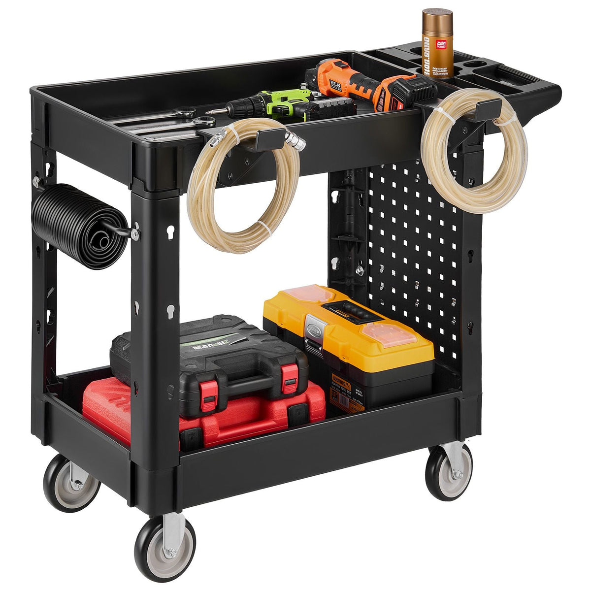Utility Cart, 550 lbs Capacity, 2 Tier Service Cart with 360° Swivel & Fixed Wheels (2 with Brakes), Heavy Duty Plastic Rolling with Tray and Pegboard, Tool Storage for Garage Warehouse Workshop