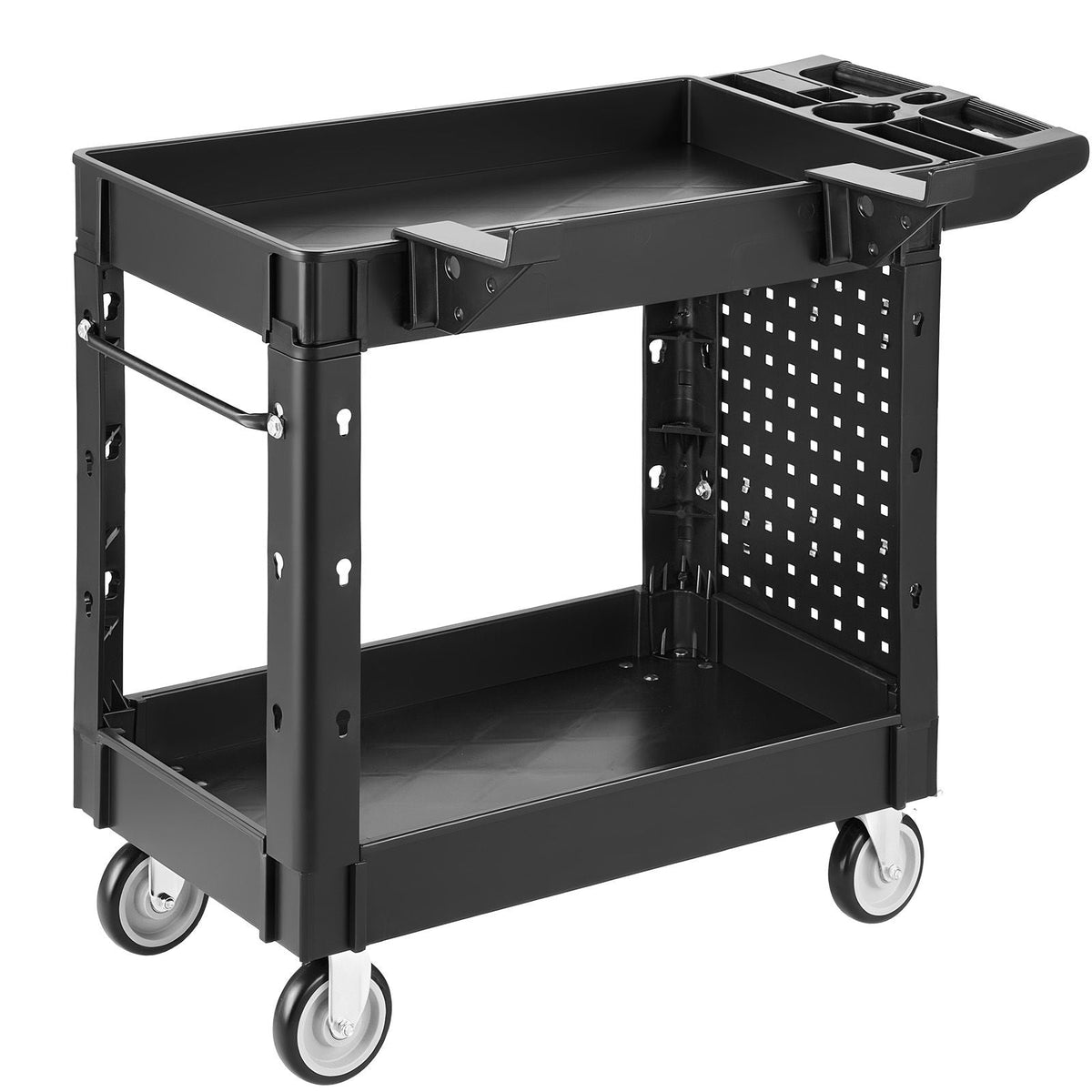 Utility Cart, 550 lbs Capacity, 2 Tier Service Cart with 360° Swivel & Fixed Wheels (2 with Brakes), Heavy Duty Plastic Rolling with Tray and Pegboard, Tool Storage for Garage Warehouse Workshop