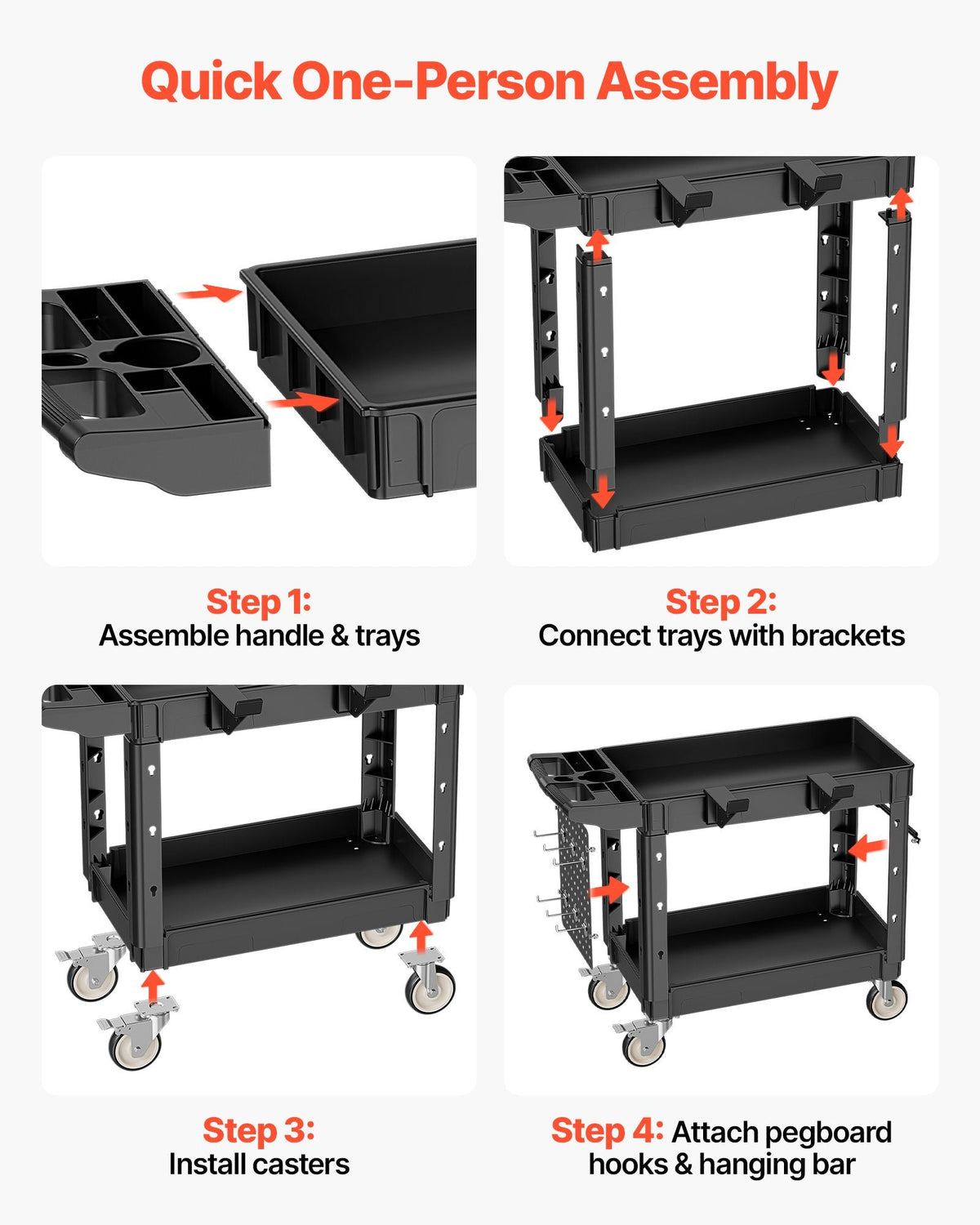 Utility Cart, 550 lbs Capacity, 2 Tier Service Cart with 360° Swivel & Fixed Wheels (2 with Brakes), Heavy Duty Plastic Rolling with Tray and Pegboard, Tool Storage for Garage Warehouse Workshop