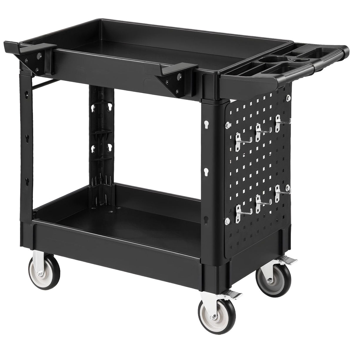 Utility Cart, 550 lbs Capacity, 2 Tier Service Cart with 360° Swivel & Fixed Wheels (2 with Brakes), Heavy Duty Plastic Rolling with Tray and Pegboard, Tool Storage for Garage Warehouse Workshop
