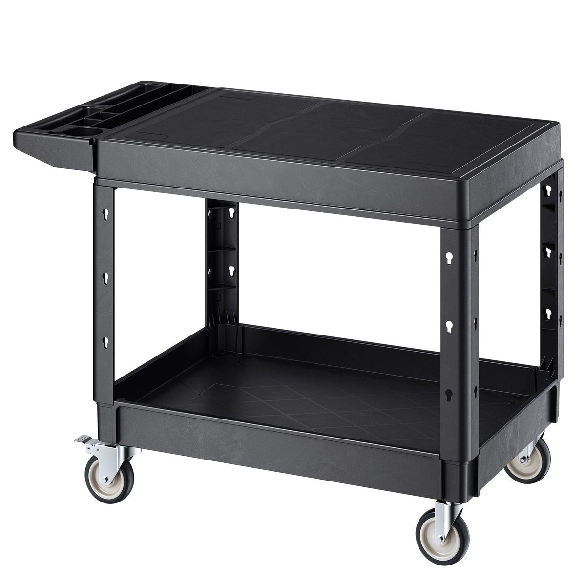 Utility Cart, 550 lbs Load Capacity, 37 x 25.4-inch Service Cart, Two-Shelf Heavy Duty Plastic Utility Cart with 360° Swivel Wheels (2 with Brakes), Suitable for Warehouse, Garage, Cleaning